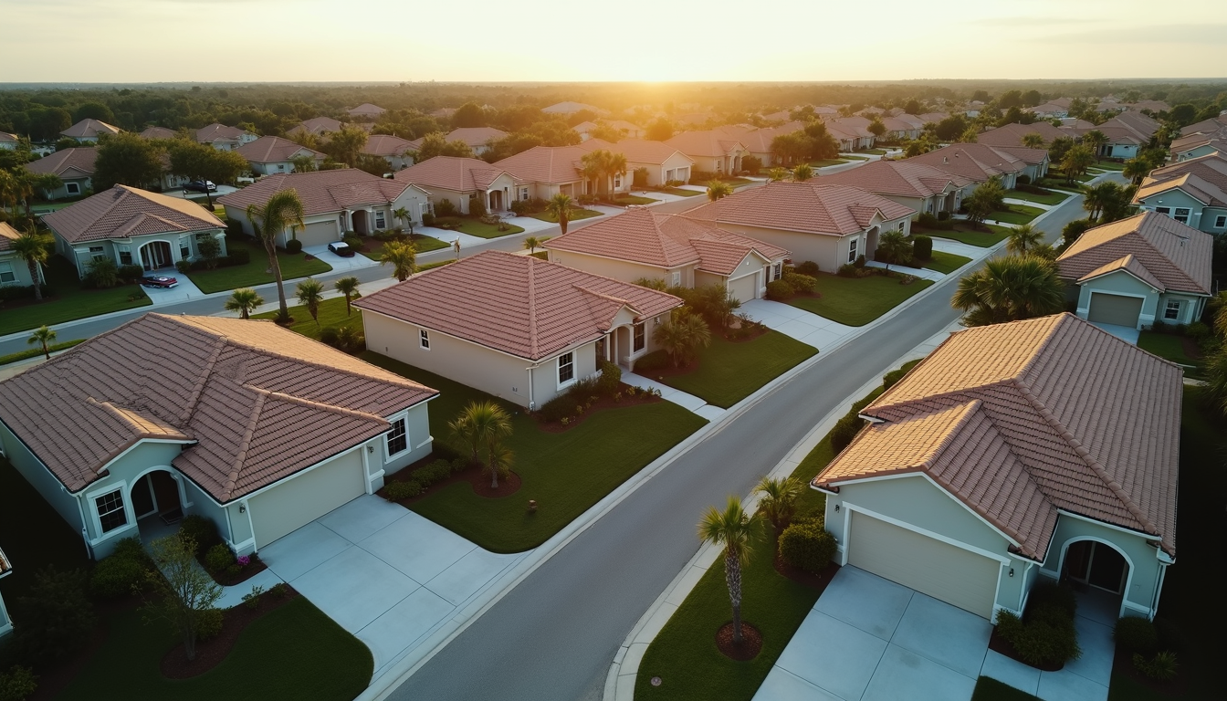 High angle view of a Florida neighborhood with homes featuring new roofs