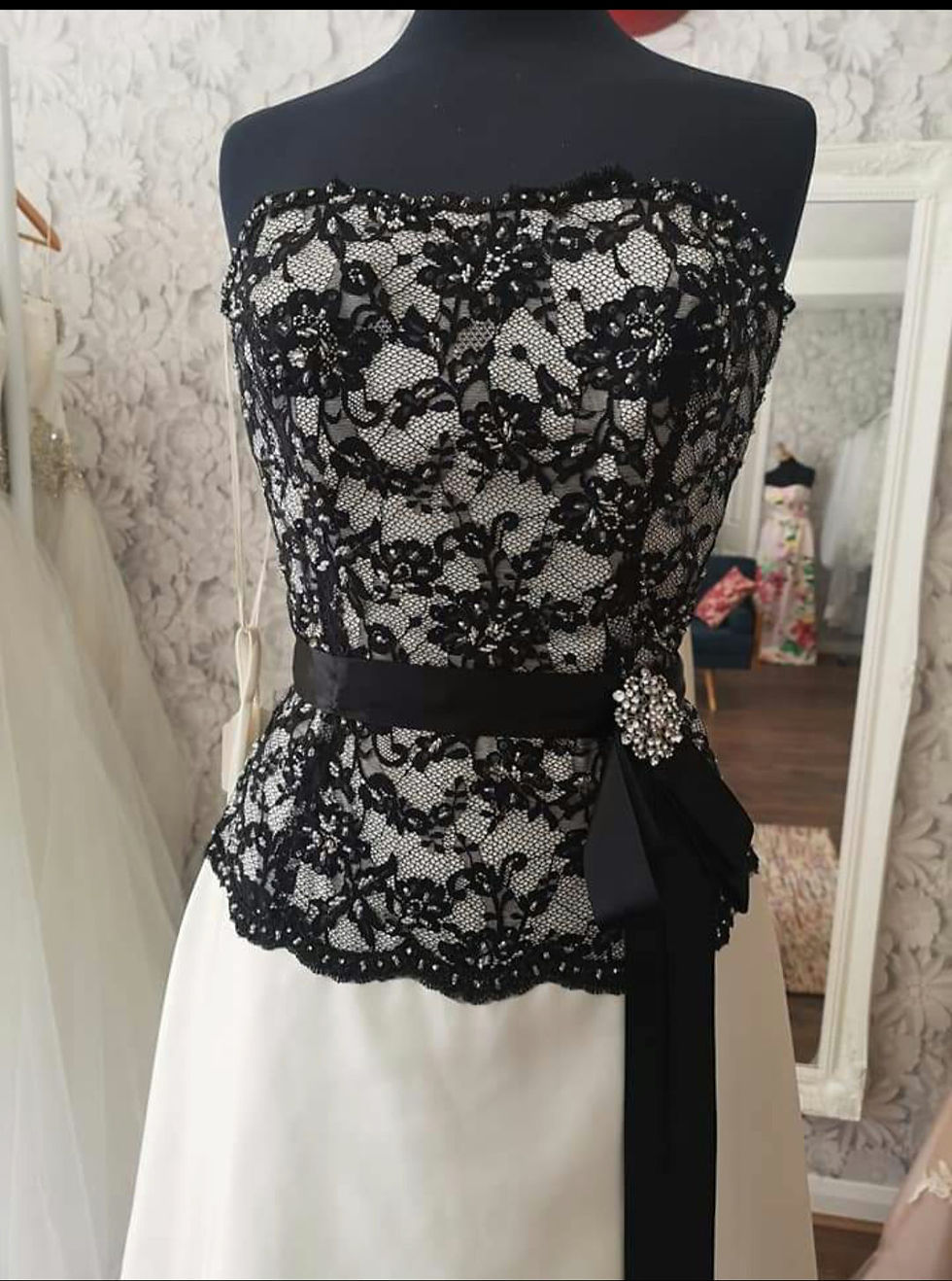 Thumbnail: Black lace and satin gown - Size 14