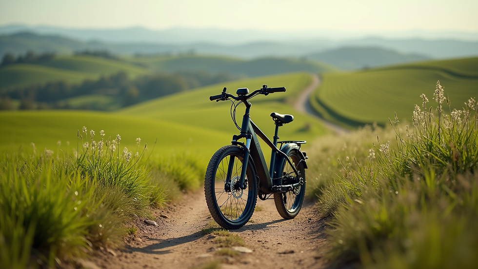 High angle view of an electric bike on a dirt path surrounded by green fields near León