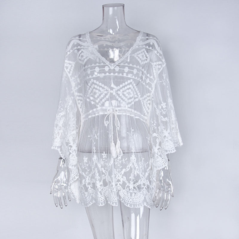 Thumbnail: Women's White Beach Cover Up Dress Sheer Lace Dresses