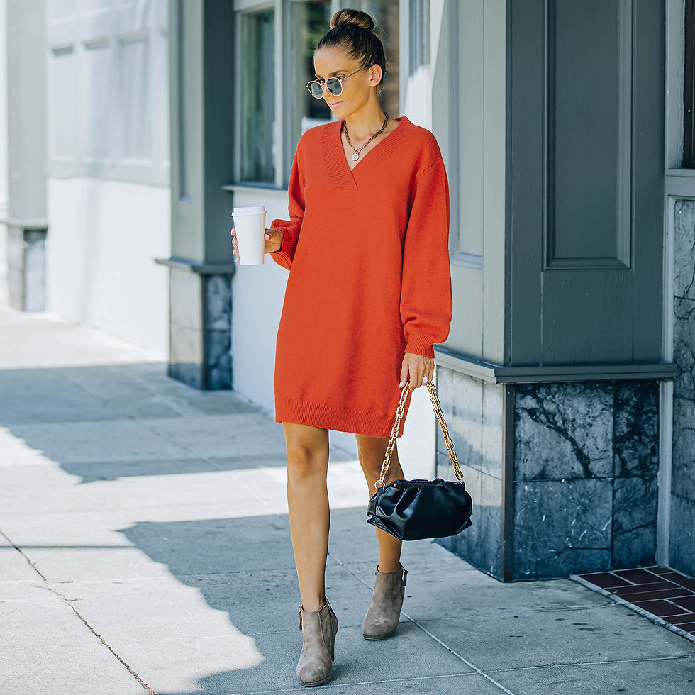 Thumbnail: Women's Oversized V Neck Pullover Long Sleeve Knitwear Knit Dress Orange
