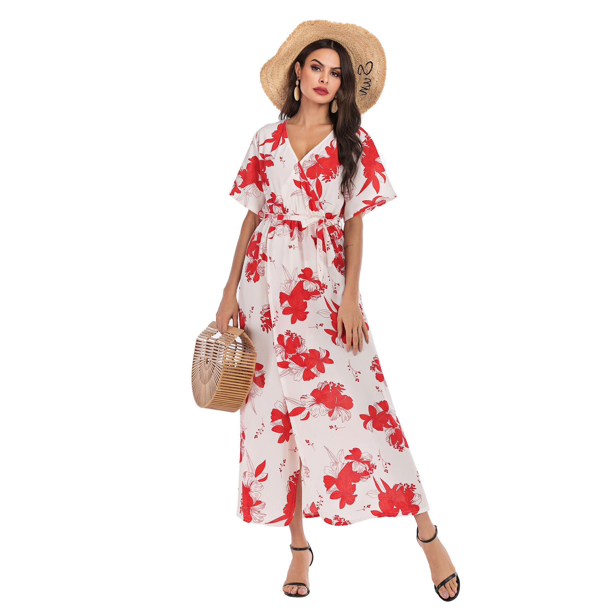 Women Short Sleeve V-neck  White Beach Skirt Floral Dress
