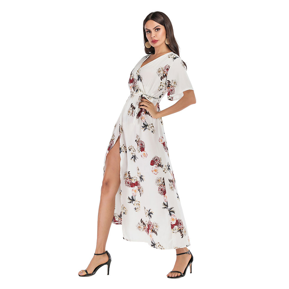 Women Short Sleeve Floral Print Formal Beach Maxi Dress  white