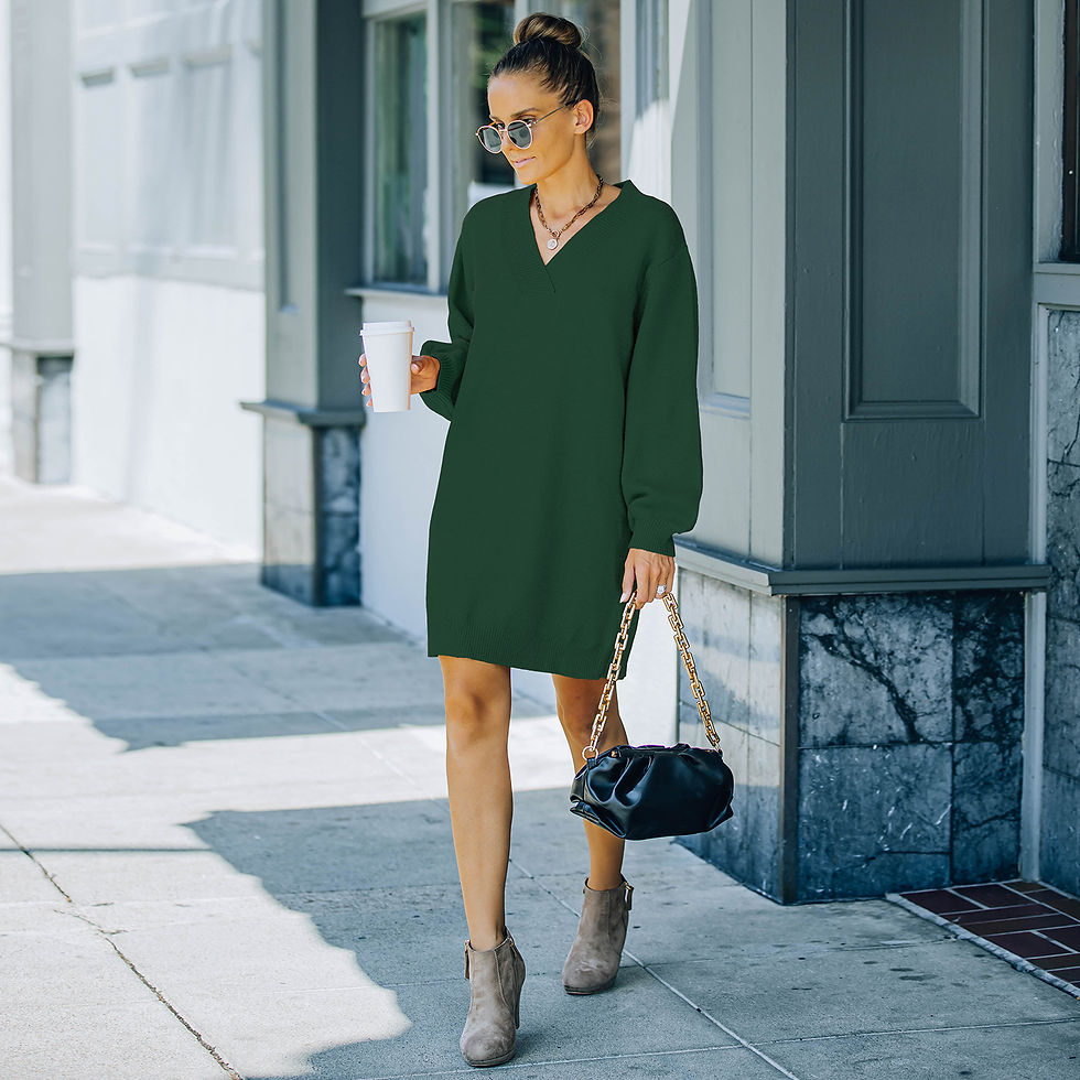 Thumbnail: Women's Oversized V Neck Pullover Long Sleeve Knitwear Knit Dress green