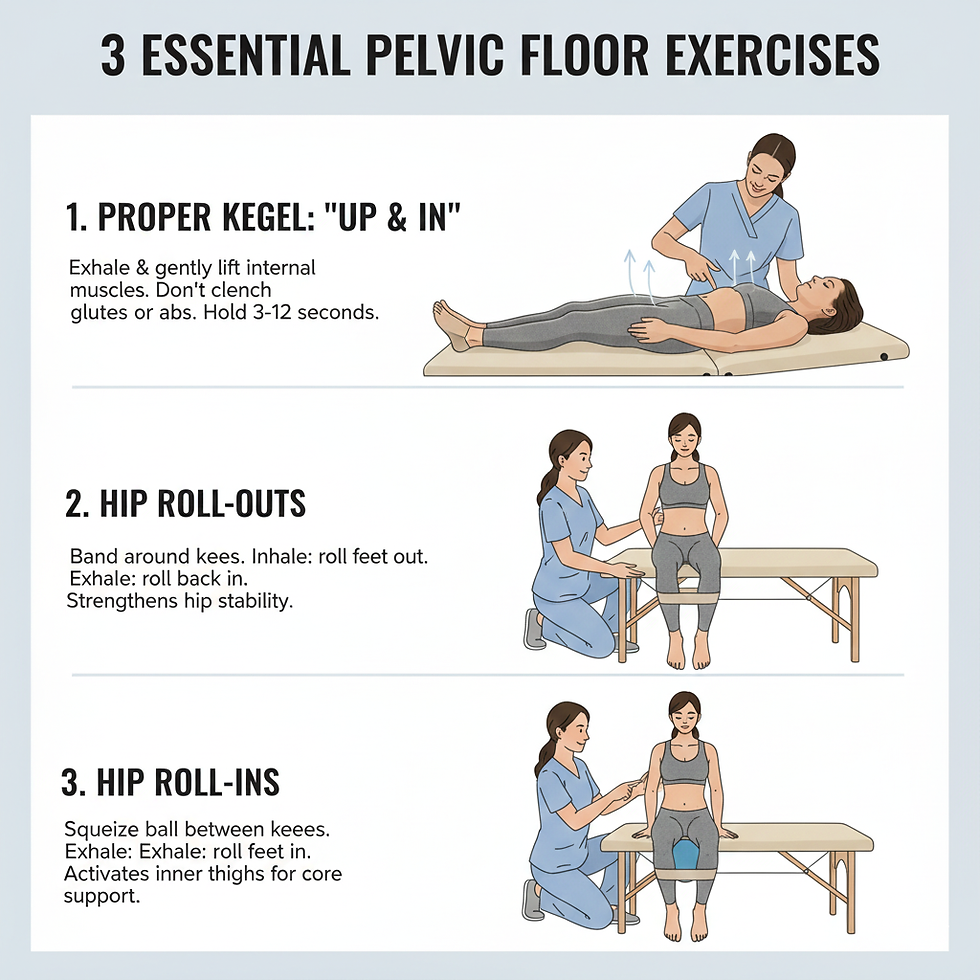 Illustrated guide for pelvic floor exercises: Kegel, hip roll-outs, and hip roll-ins. Features trainer in blue assisting a person on a mat.