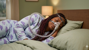 Woman sleeping peacefully in a bed wearing a CPAP mask. She’s in pajamas with purple clouds. Soft lamp light in a cozy bedroom.