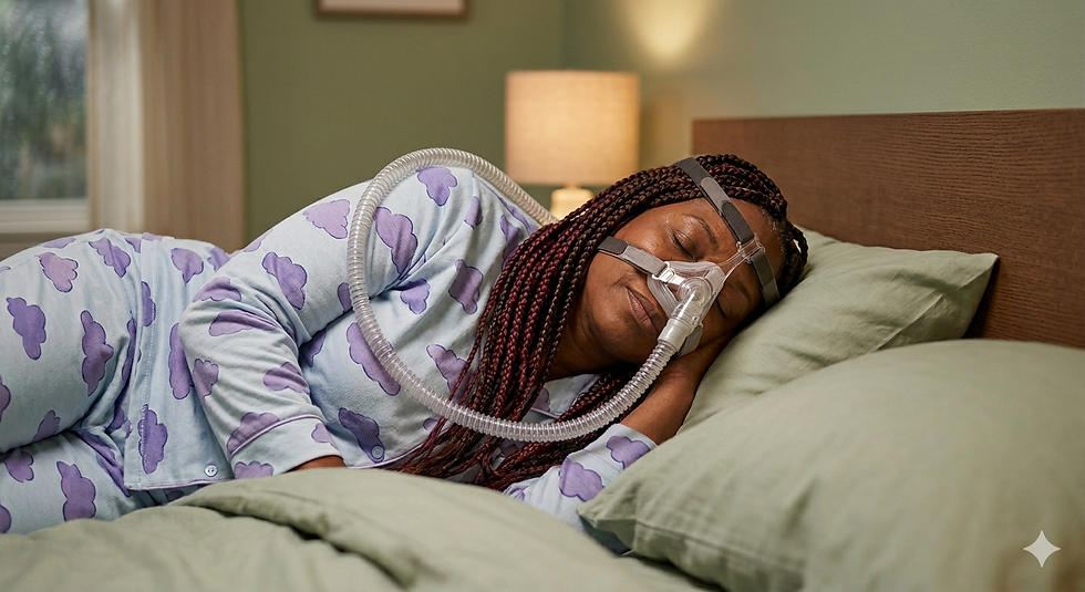 Woman sleeping peacefully in a bed wearing a CPAP mask. She’s in pajamas with purple clouds. Soft lamp light in a cozy bedroom.