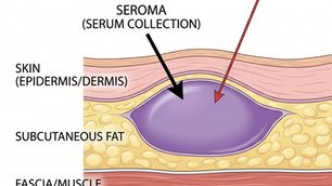 Cross-section diagram showing a seroma under skin layers, labeled as skin, fat, fascia. Arrows indicate seroma and aspiration.