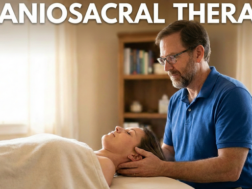 Therapist in blue shirt performs craniosacral therapy on a relaxed woman. Bright room with bookshelves. Text: Craniosacral Therapy.
