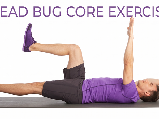 A photo illustration of a man wearing a purple shirt, black shorts, and purple shoes, demonstrating the Dead Bug Core exercise, for which the title is written in purple lettering on the top of the image. The man is positioned on a black yoga mat with the right hip and knee bent at 90 degrees, while the right arm is stretched overhead. The left leg is extended while the left arm is elevated at 90 degrees.
