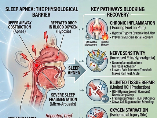 Infographic on sleep apnea effects: shows upper airway obstruction, hypoxia, inflammation, nerve sensitivity, tissue repair issues, and oxygen starvation.