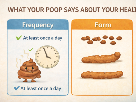 Guide on poop's impact on health. Left: Frequency with a smiling poop emoji and clock, text: "At least once a day." Right: Form visuals.