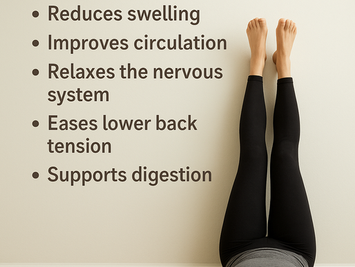 Person lying on a mat with legs up against a wall. Text lists health benefits: reduces swelling, improves circulation, and more.