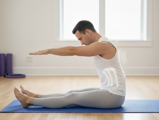 Man in white tank top and gray leggings doing yoga on a blue mat. He stretches forward in a bright room with wooden floors and a window.