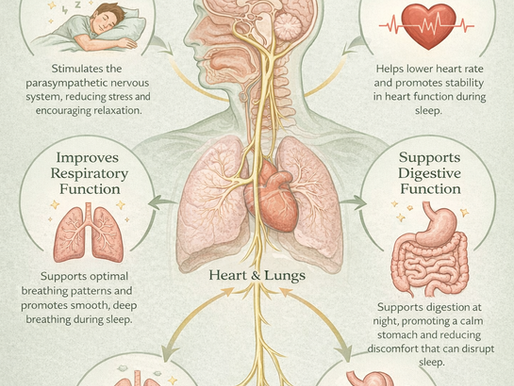 Infographic on how the vagus nerve affects sleep, showing its role in relaxation, heart rate, respiratory and digestive function.