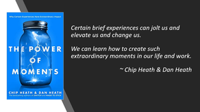 Blue book cover with a jar of lightning titled "The Power of Moments." Quote beside it reads about creating extraordinary moments by Chip Heath & Dan Heath.