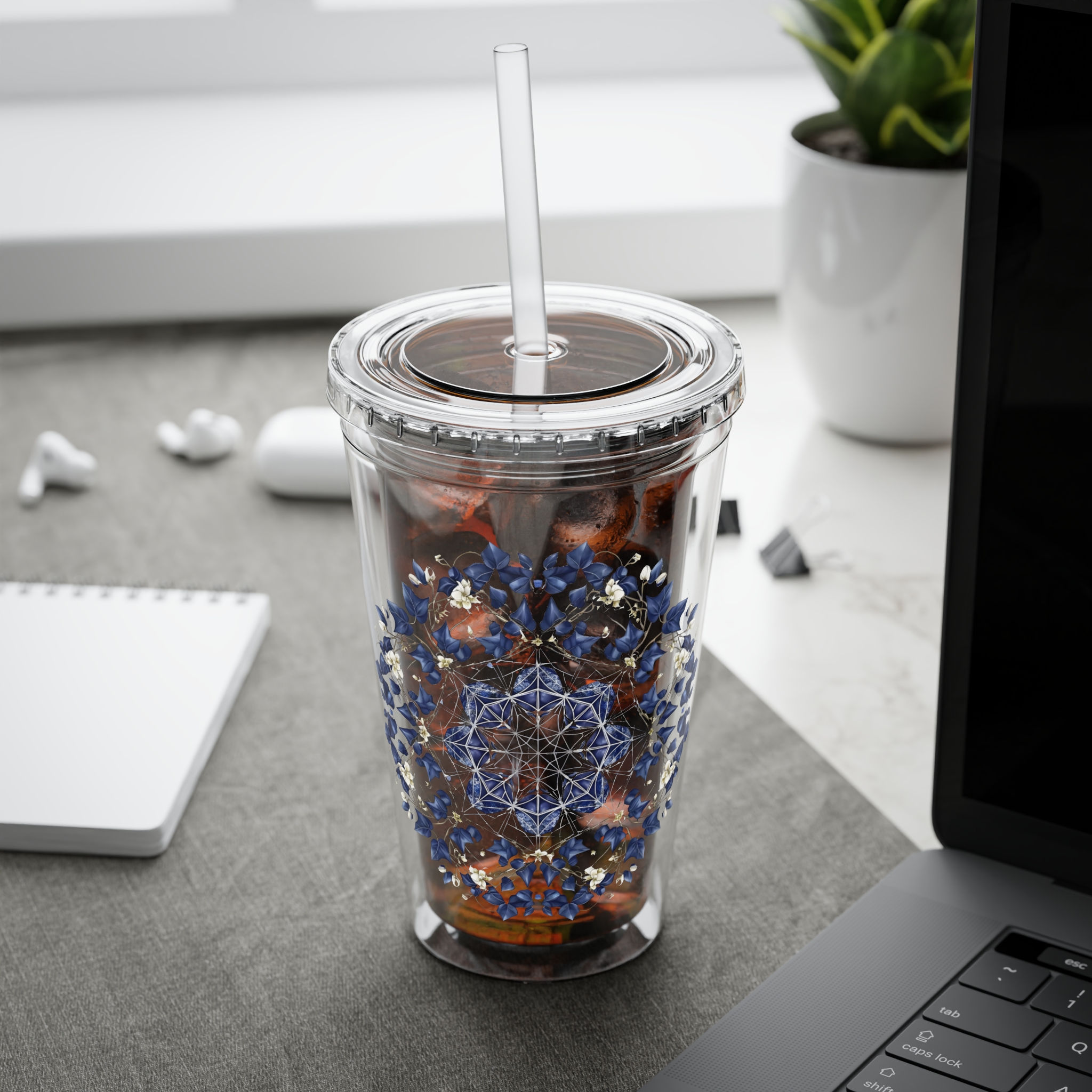 16oz Floral Mandala Tumbler with Straw — Navy Blue Sunsplash Design