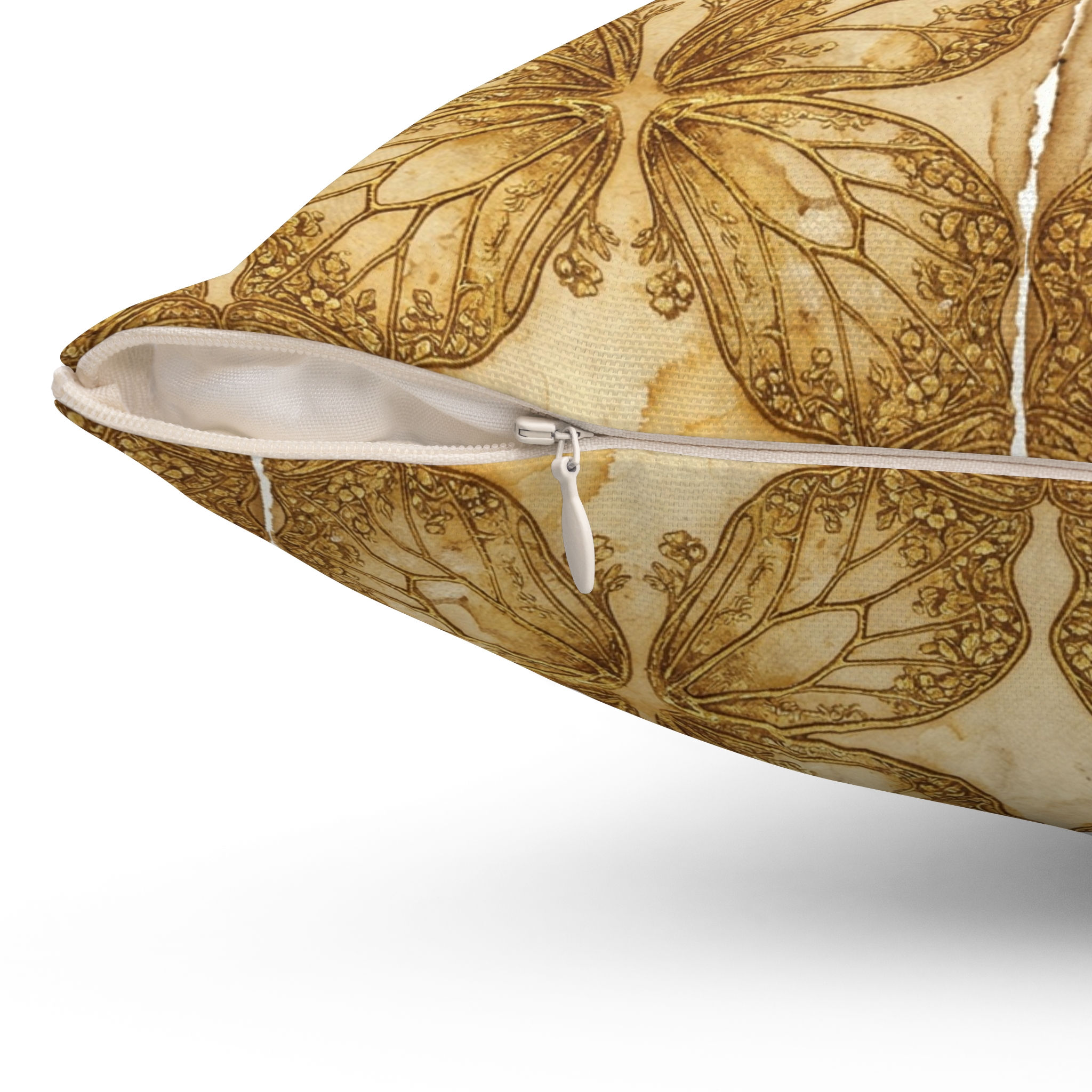 Butterfly Tile Decorative Pillow — Vintage Gold Floral Throw Cushion