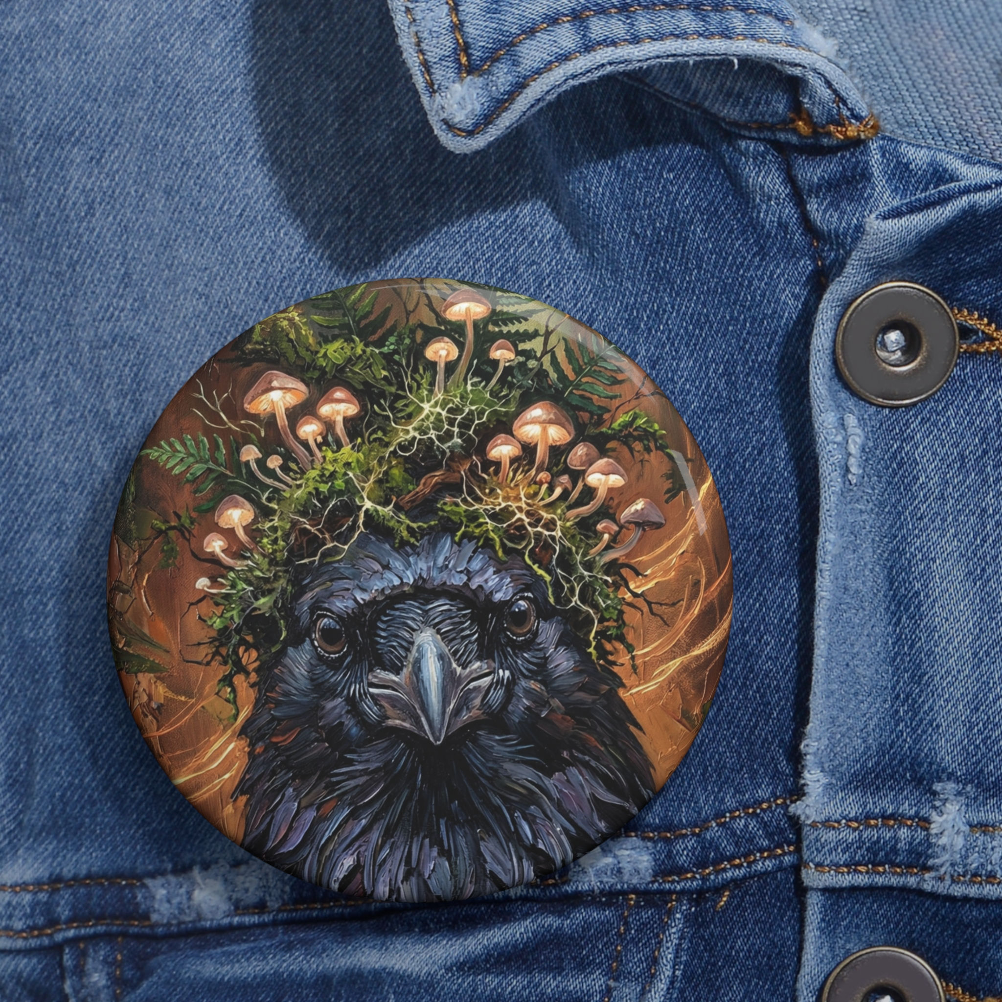 Raven with Moss & Mushrooms Pin Button