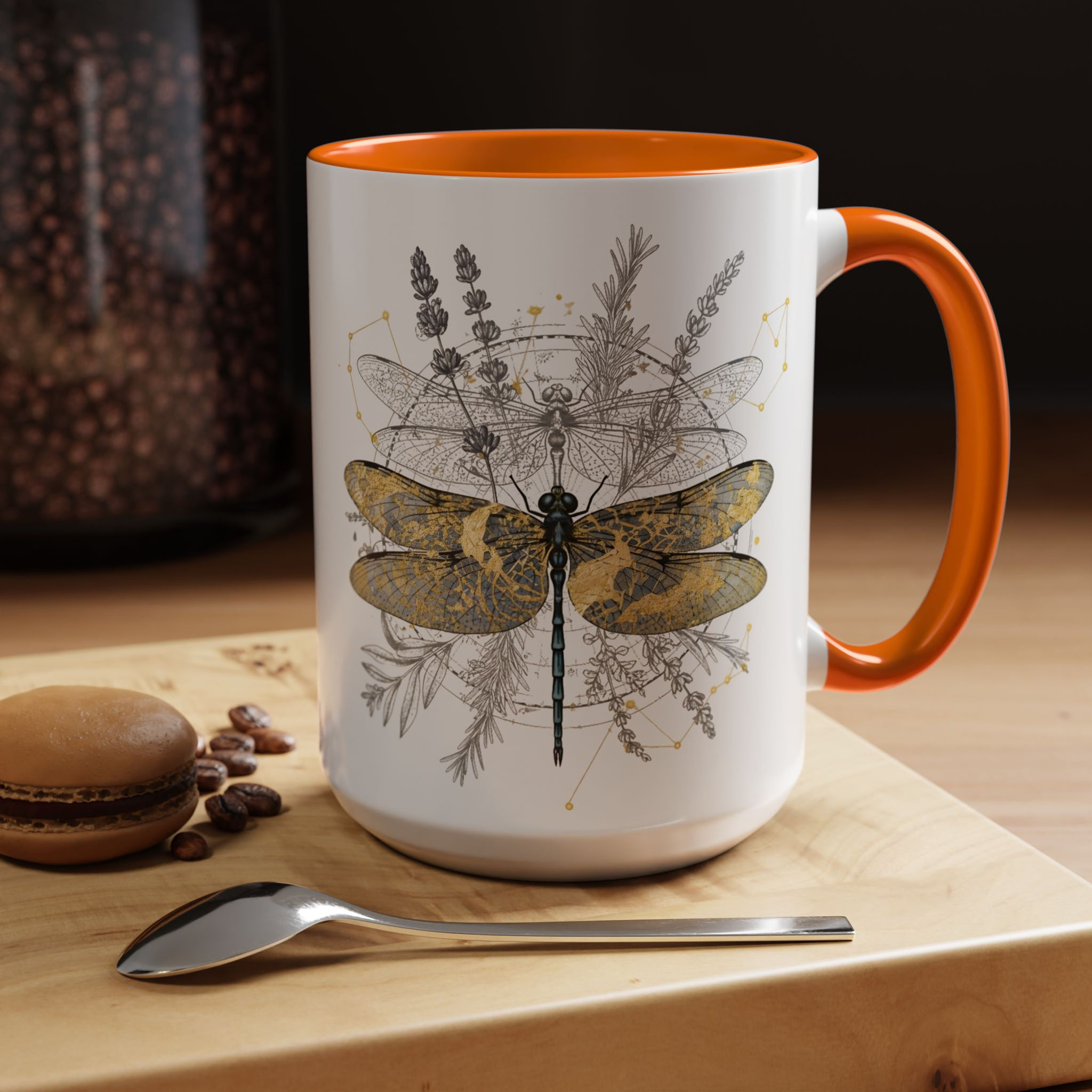 Dragonfly Botanical Accent Coffee Mug – Gold & Black Nature Art (11/15oz)