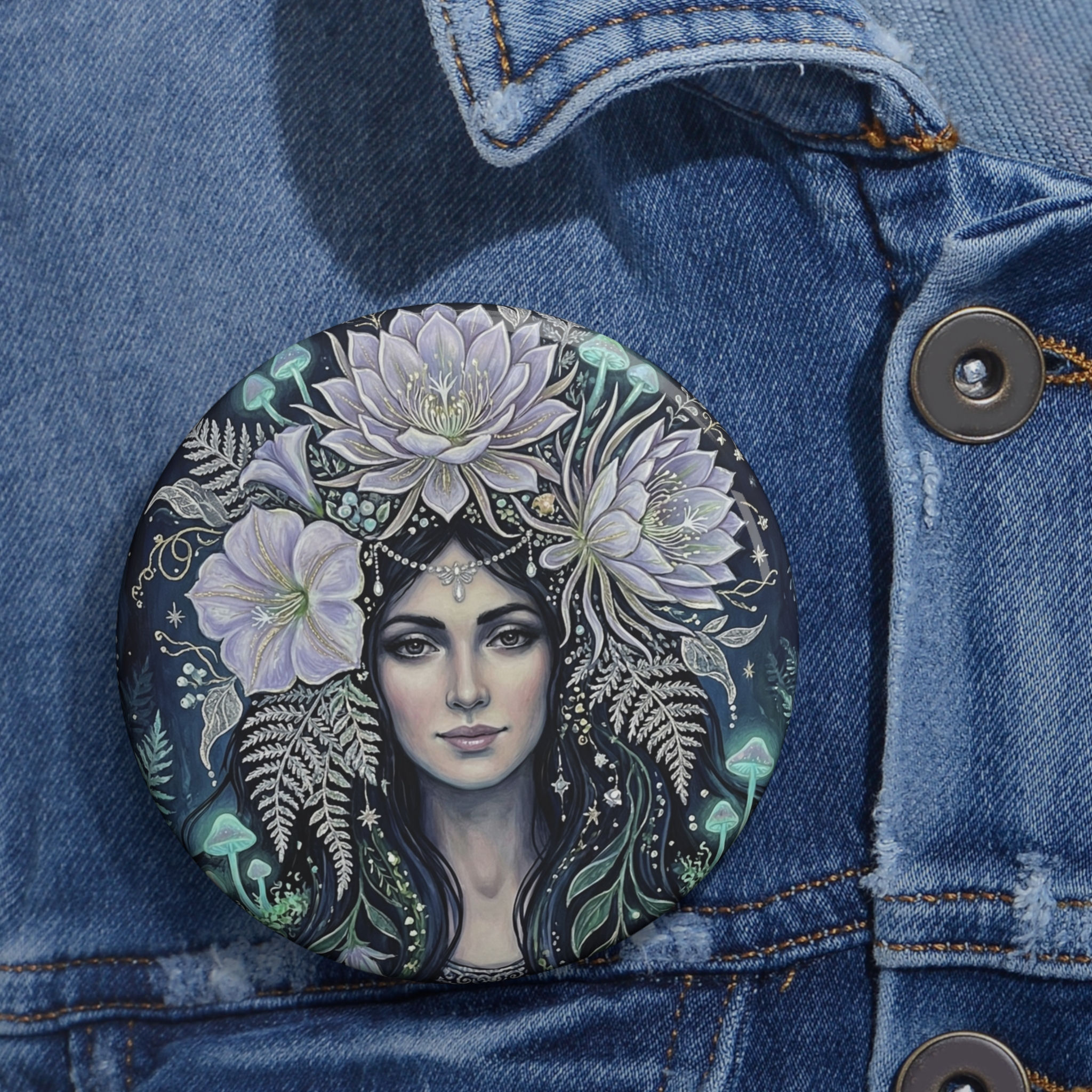 Mystic Woodland Goddess Pin Button – Floral Headdress Enamel Fashion Accessory