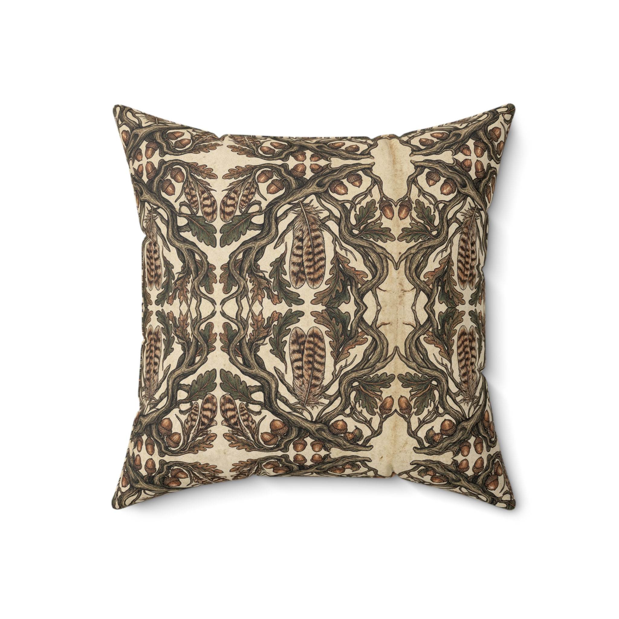 The Oak Sentinel Feather and Acorn Net Throw Pillow — Earth Tone Floral Pattern