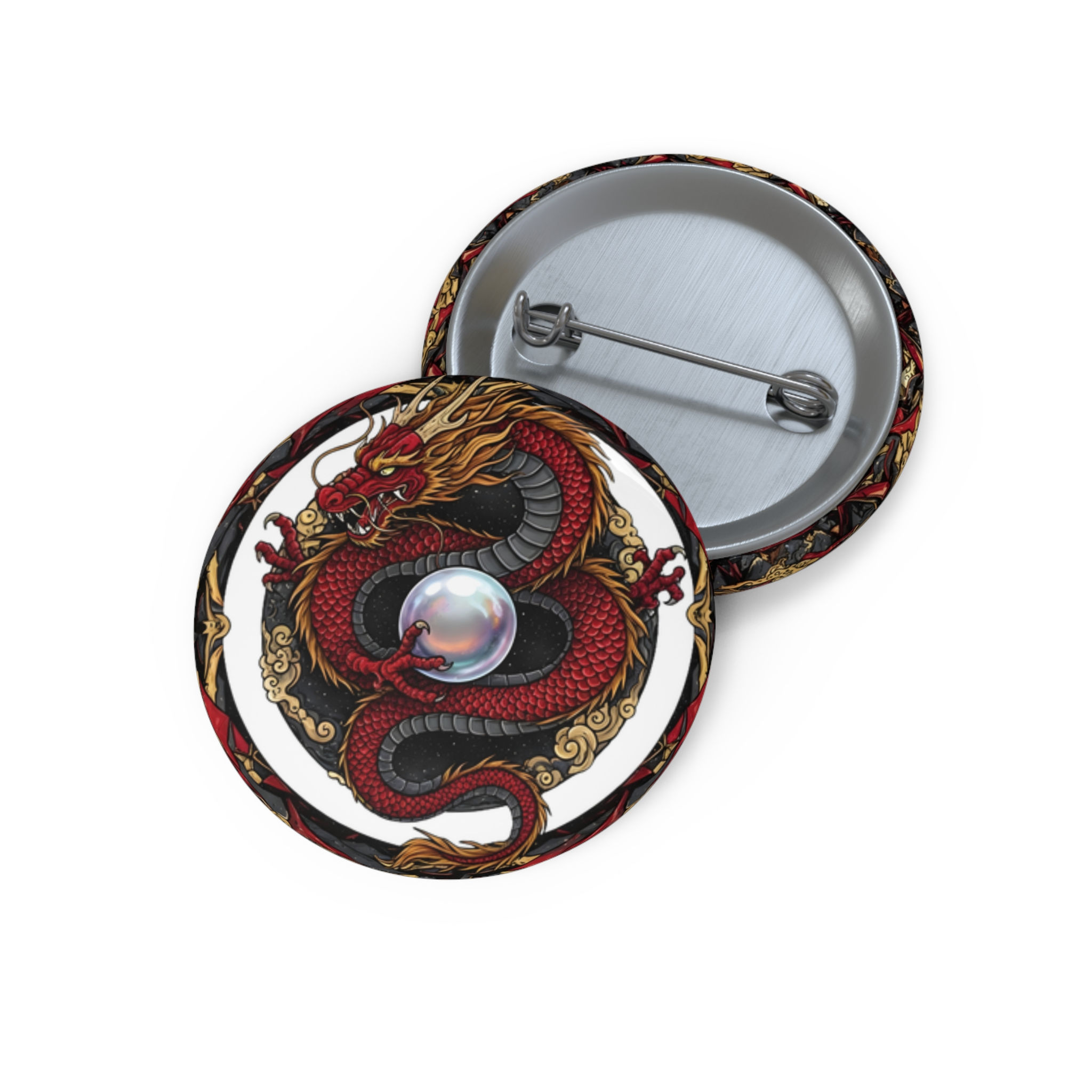 Dragon Pearl Pin Button — Retro Red Serpent Enamel-Style Badge