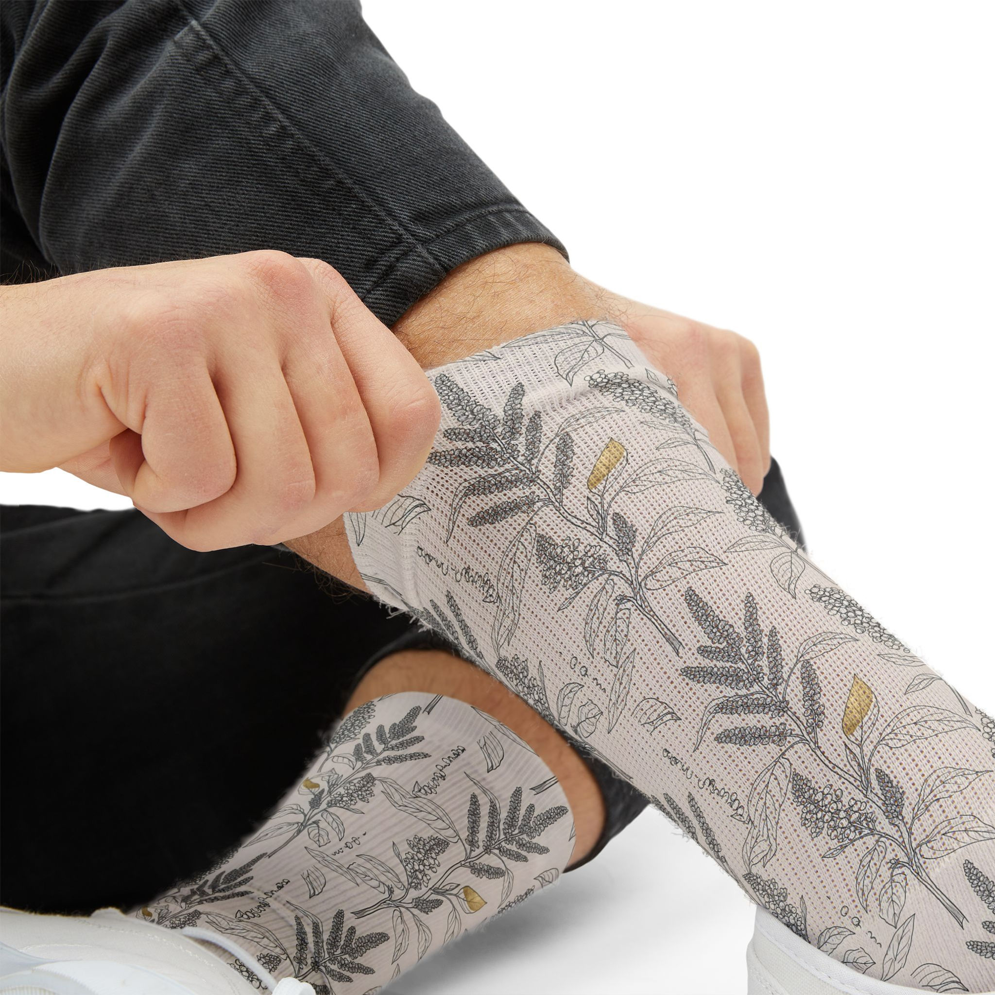 Botanical Gray Sublimation Socks — Neutral Leaf Pattern Crew Socks