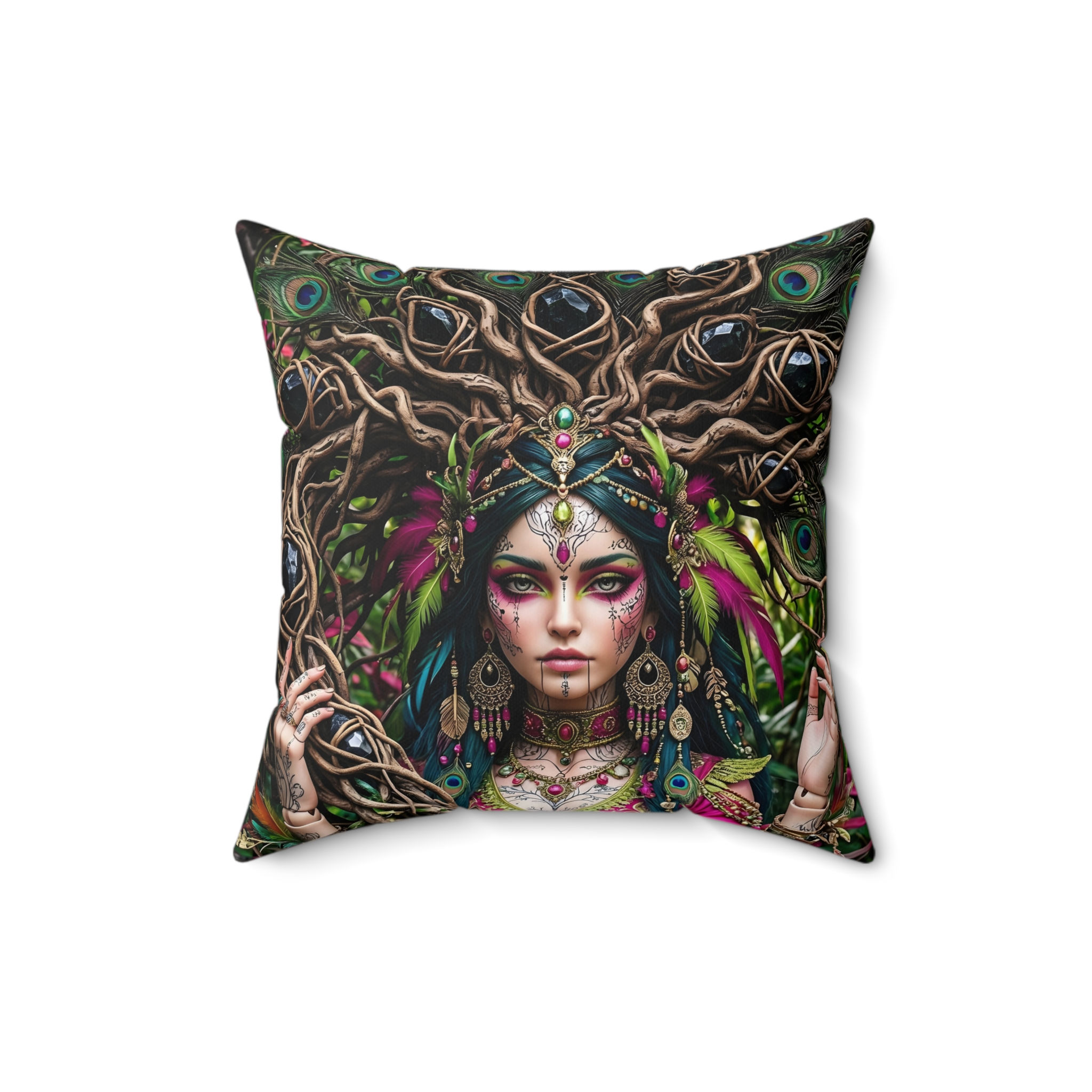 Bohemian Woodland Goddess Throw Pillow — Mystic Tribal Art Square Cushion