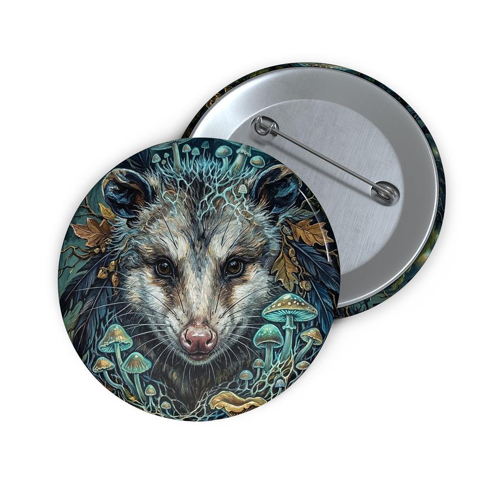 Thumbnail: Opossum & Mushrooms Pin Button — Woodland Animal Badge