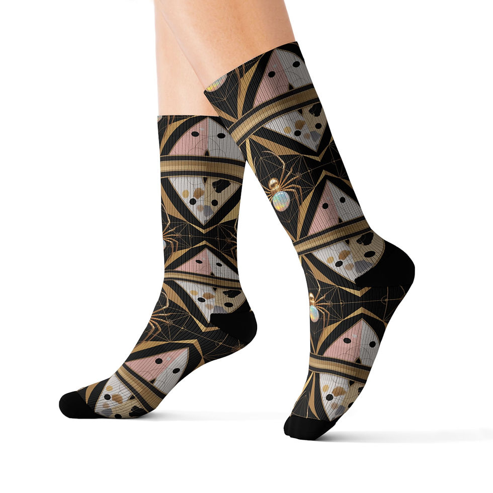 Thumbnail: The Weaver (Fate & Destiny) – Spider Black & Rose Gold Sublimation Crew Socks