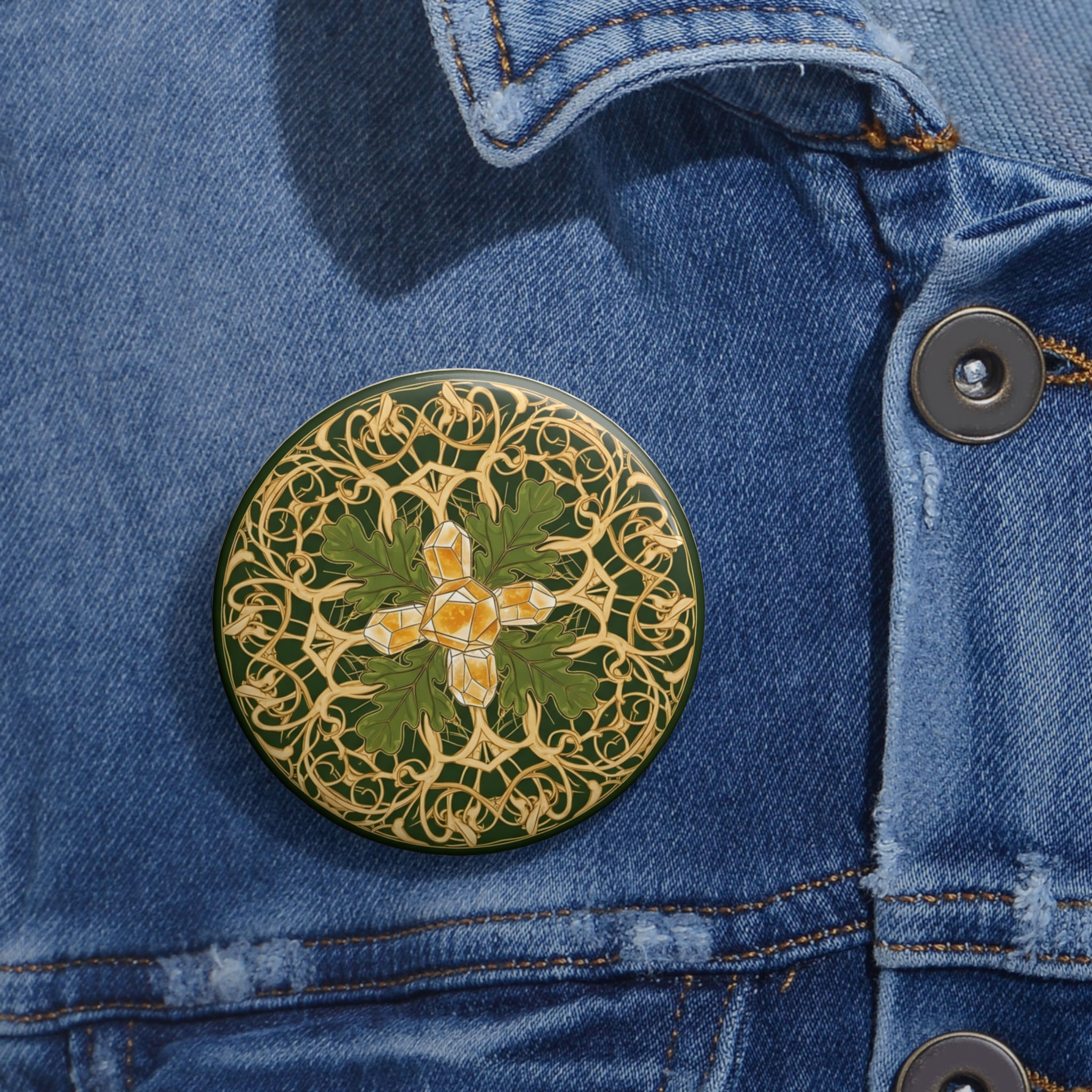 Art Nouveau Green Laurel Cross Pin Button — Decorative Vintage Floral Badge