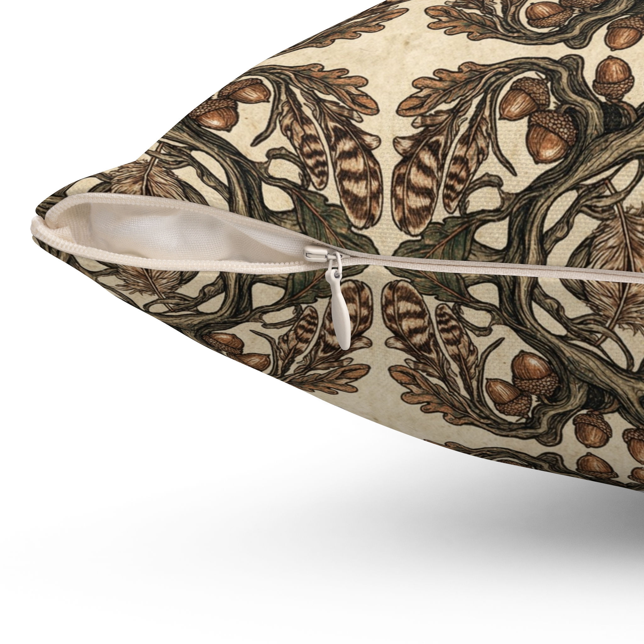 The Oak Sentinel Feather and Acorn Net Throw Pillow — Earth Tone Floral Pattern