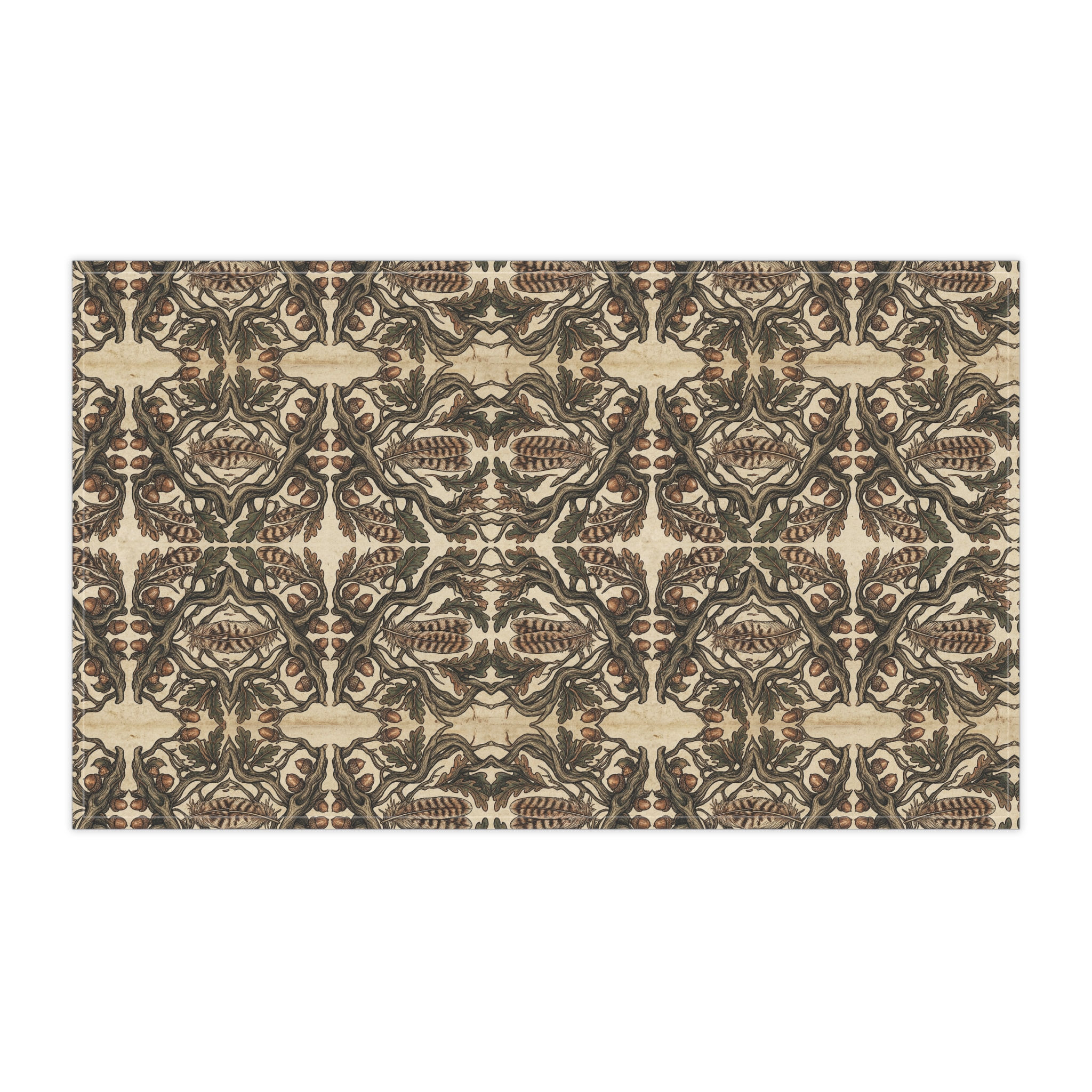 The Oak Sentinel Feather and Acorn Net— Earthy Floral Kitchen Linen