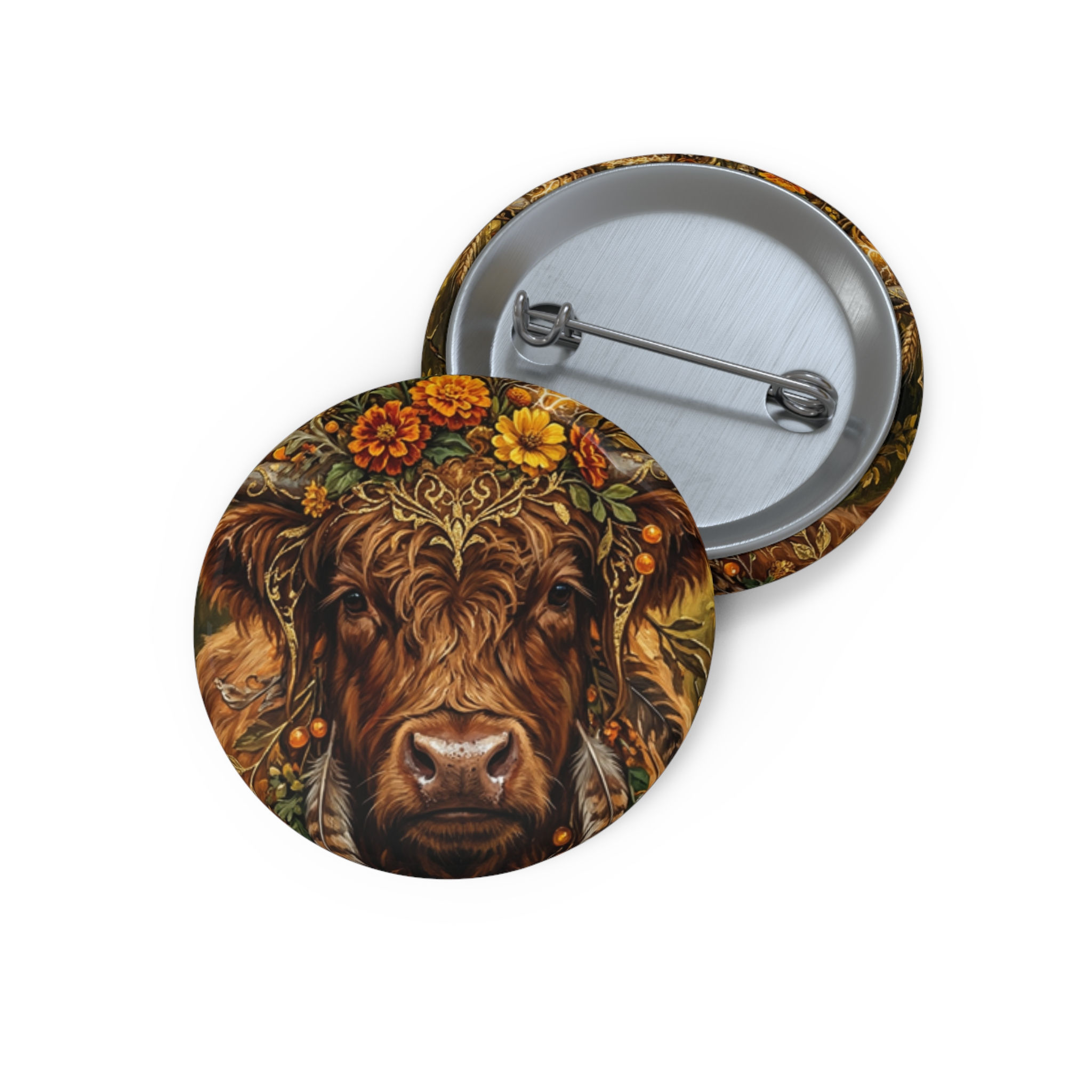 The Gilded Matriarch (Highland Cow Portrait)Pin Button — Cute Farm Animal Badge