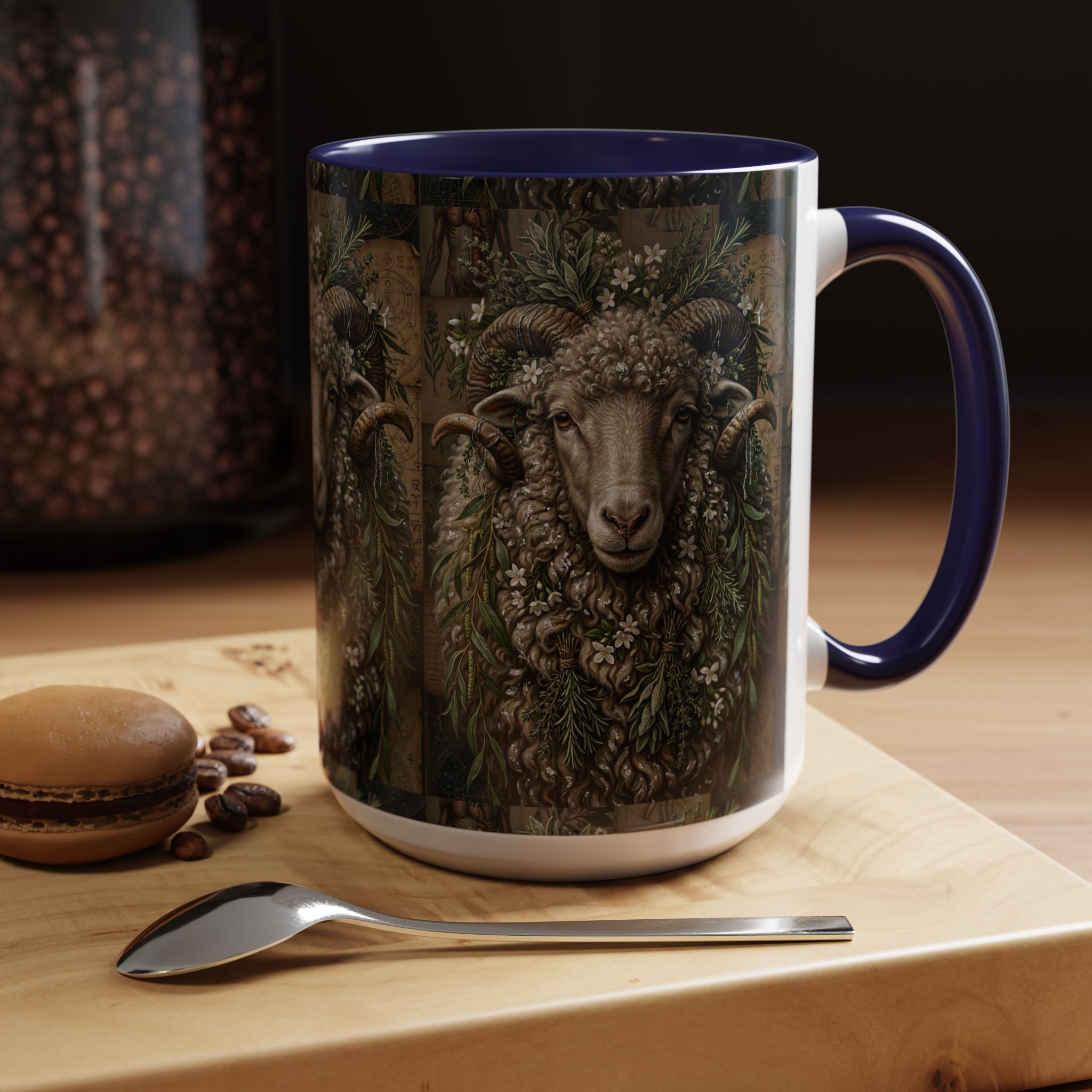 Rustic Ram Art Coffee Mug – Botanical Sheep Accent Mug (11/15oz)