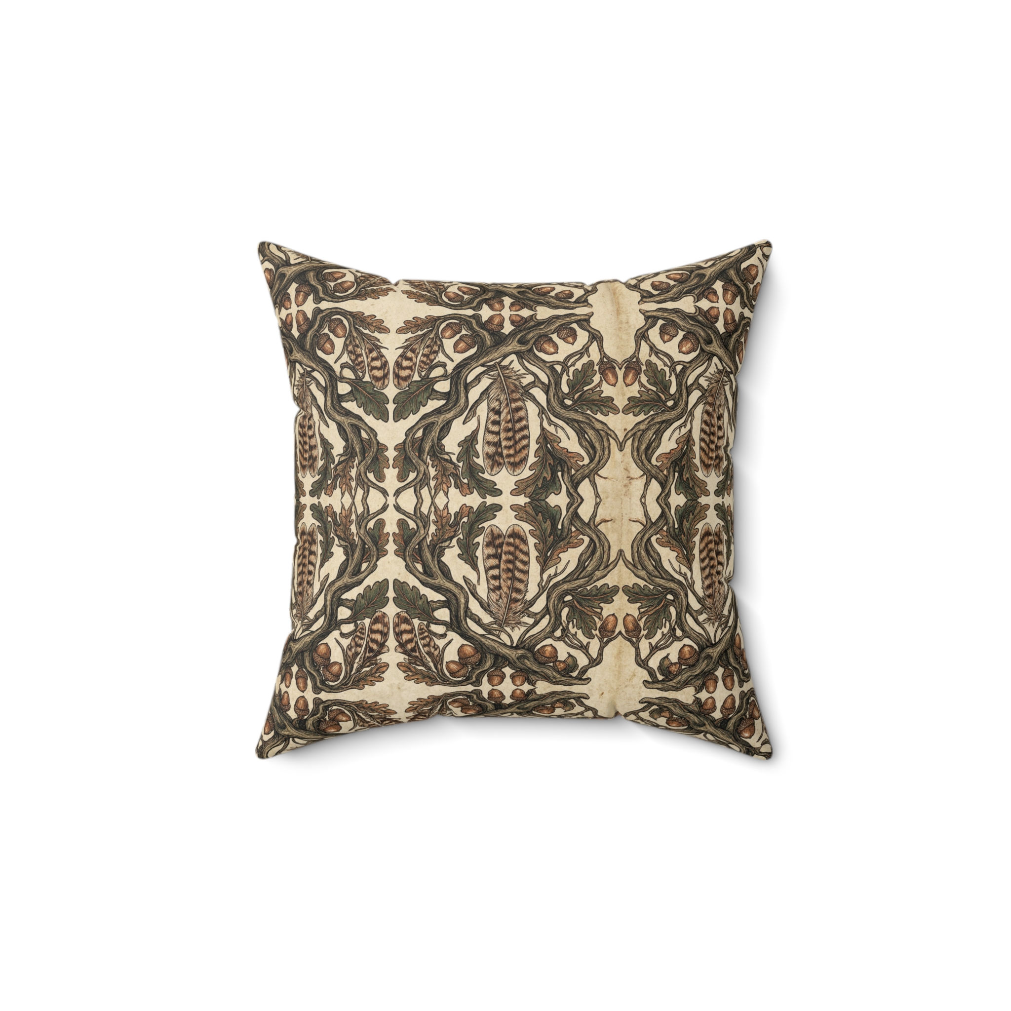 The Oak Sentinel Feather and Acorn Net Throw Pillow — Earth Tone Floral Pattern