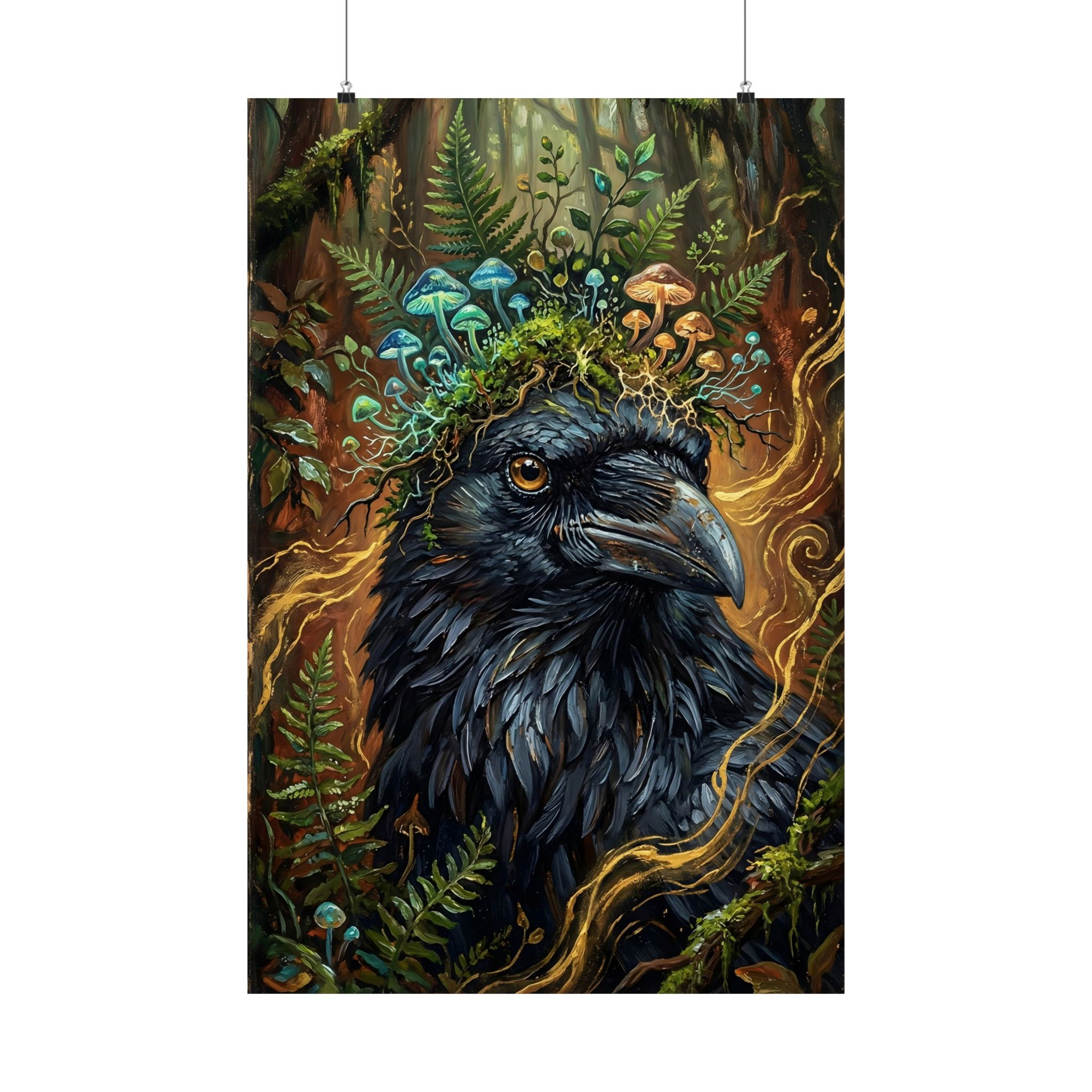 Raven & Mushroom Forest Matte Poster — Fantasy Animal Wall Art