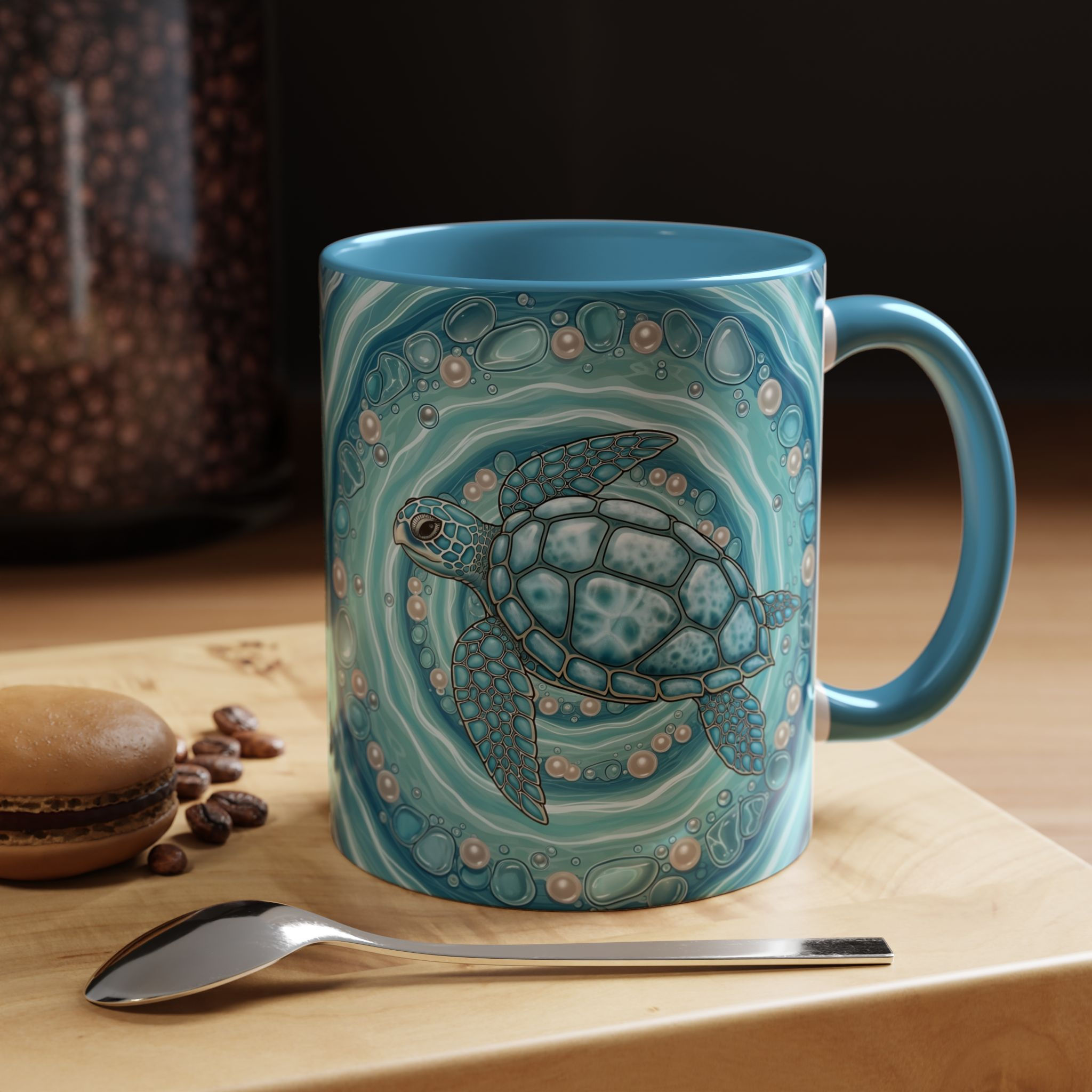 Sea Turtle Accent Coffee Mug — Ocean Waves, Pearl Bubble Art (11/15oz)