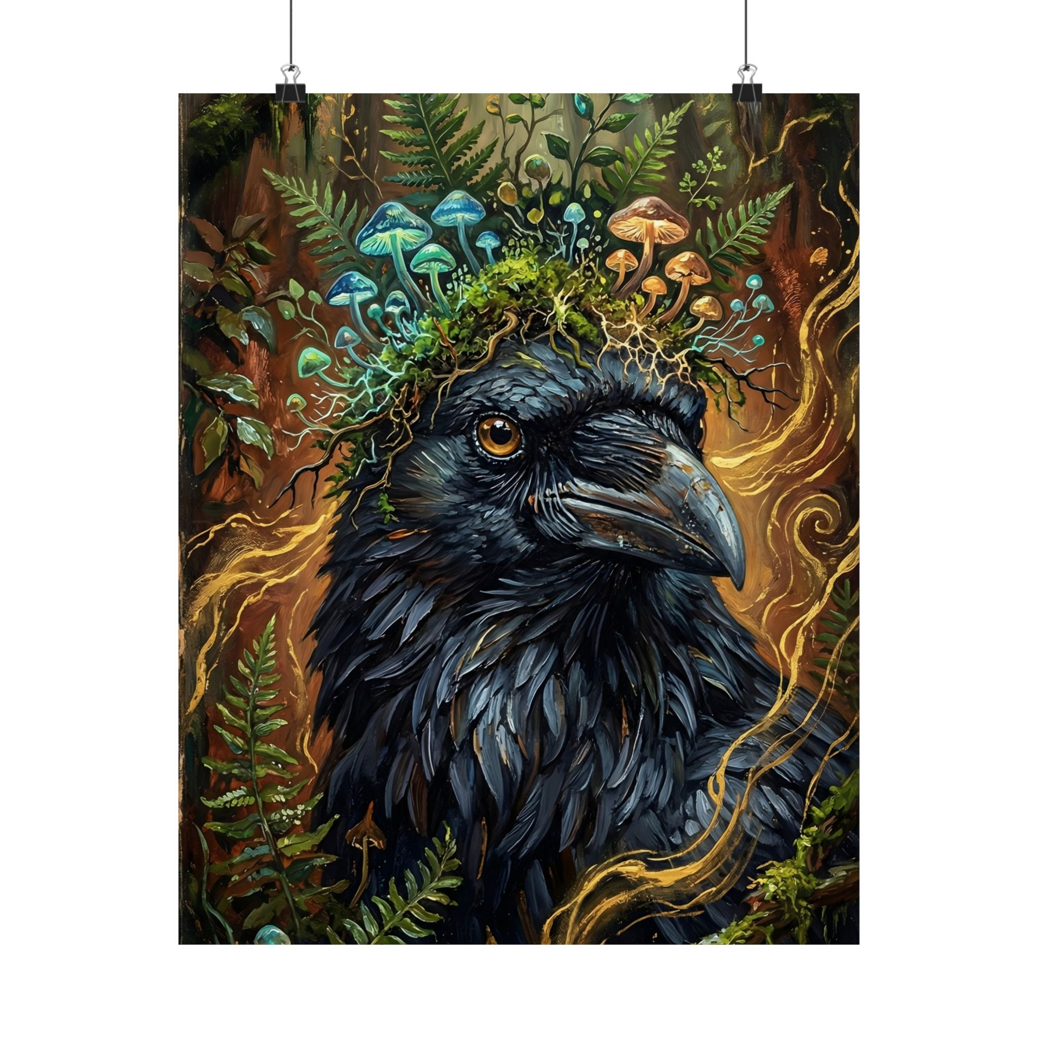 Raven & Mushroom Forest Matte Poster — Fantasy Animal Wall Art