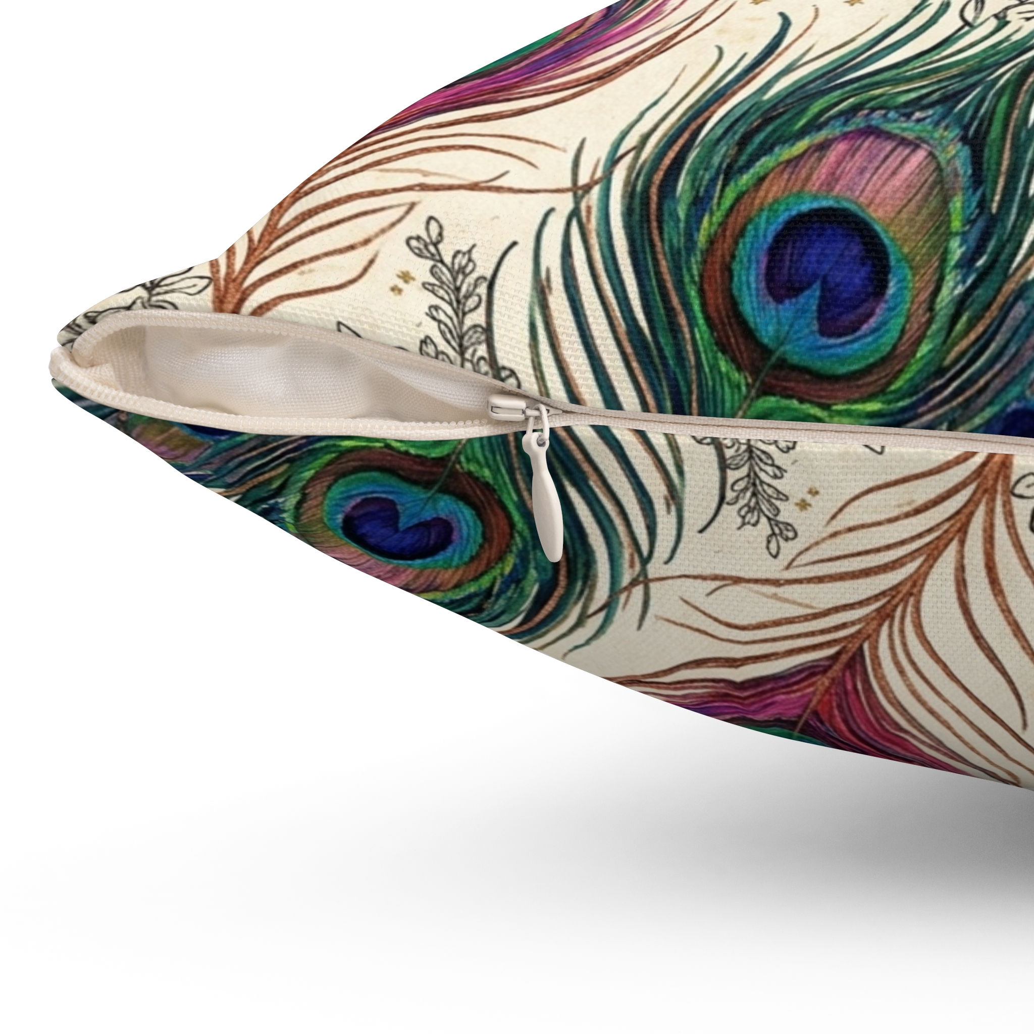 Peacock Feather Decorative Pillow – Boho Floral Accent Cushion