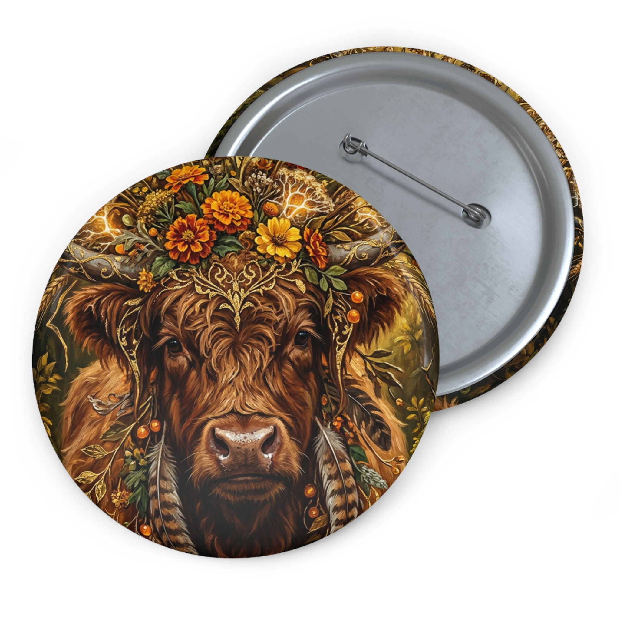The Gilded Matriarch (Highland Cow Portrait)Pin Button — Cute Farm Animal Badge