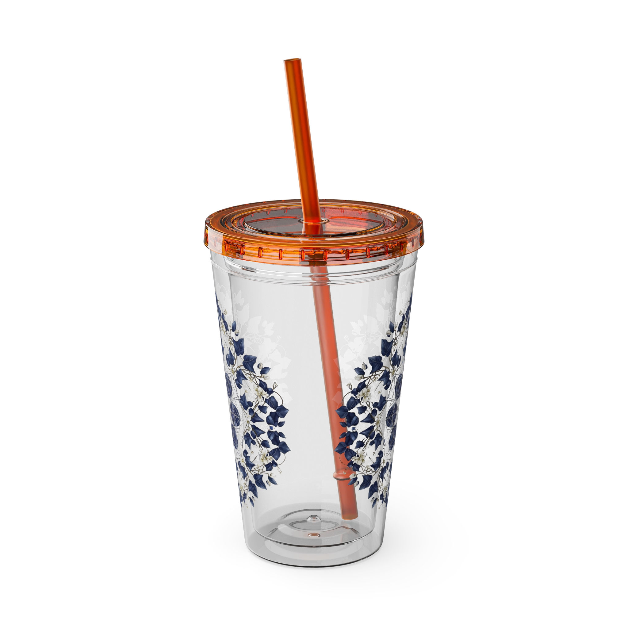 16oz Floral Mandala Tumbler with Straw — Navy Blue Sunsplash Design