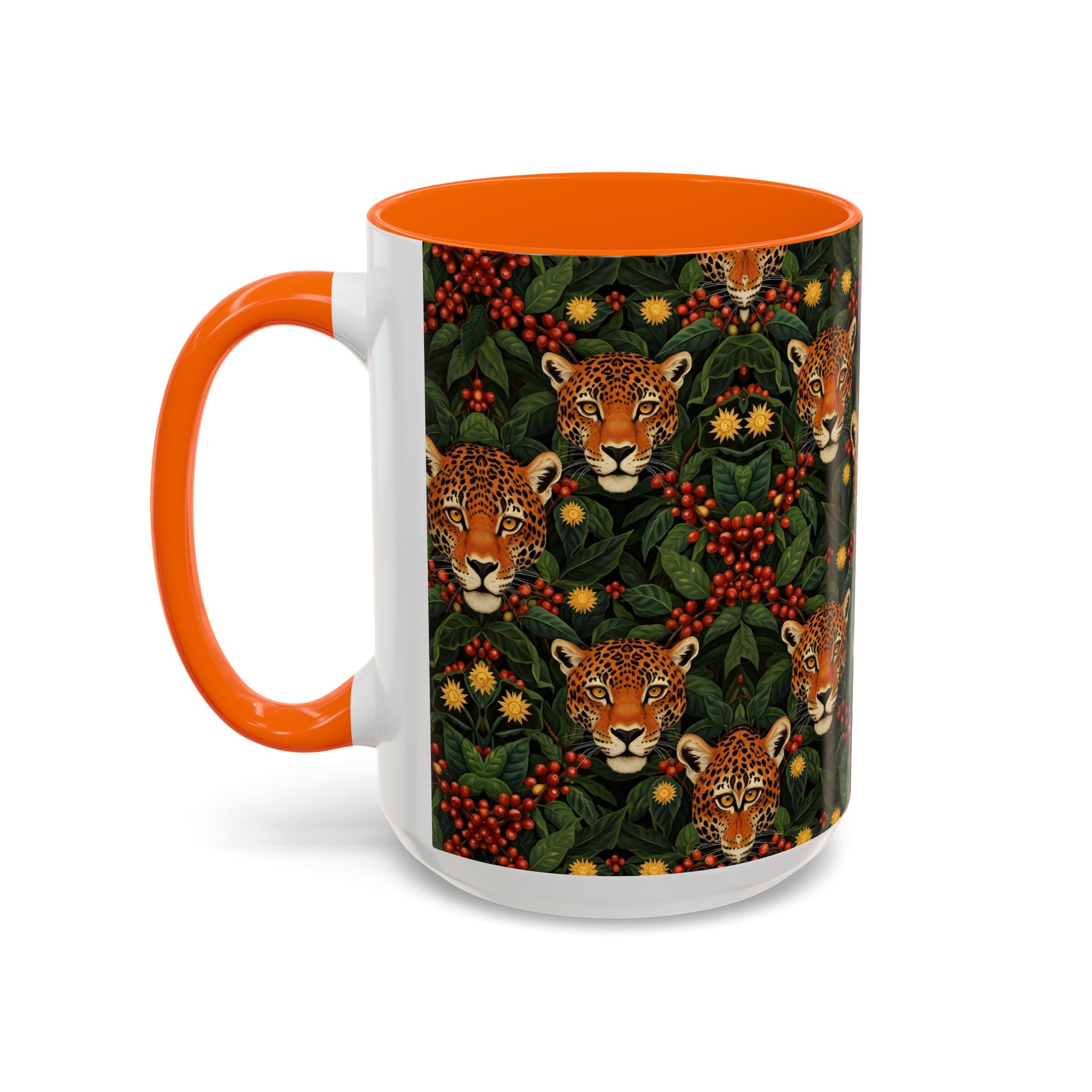 Jaguar Floral Accent Coffee Mug — Tropical Leopard Heads Pattern (11/15oz)