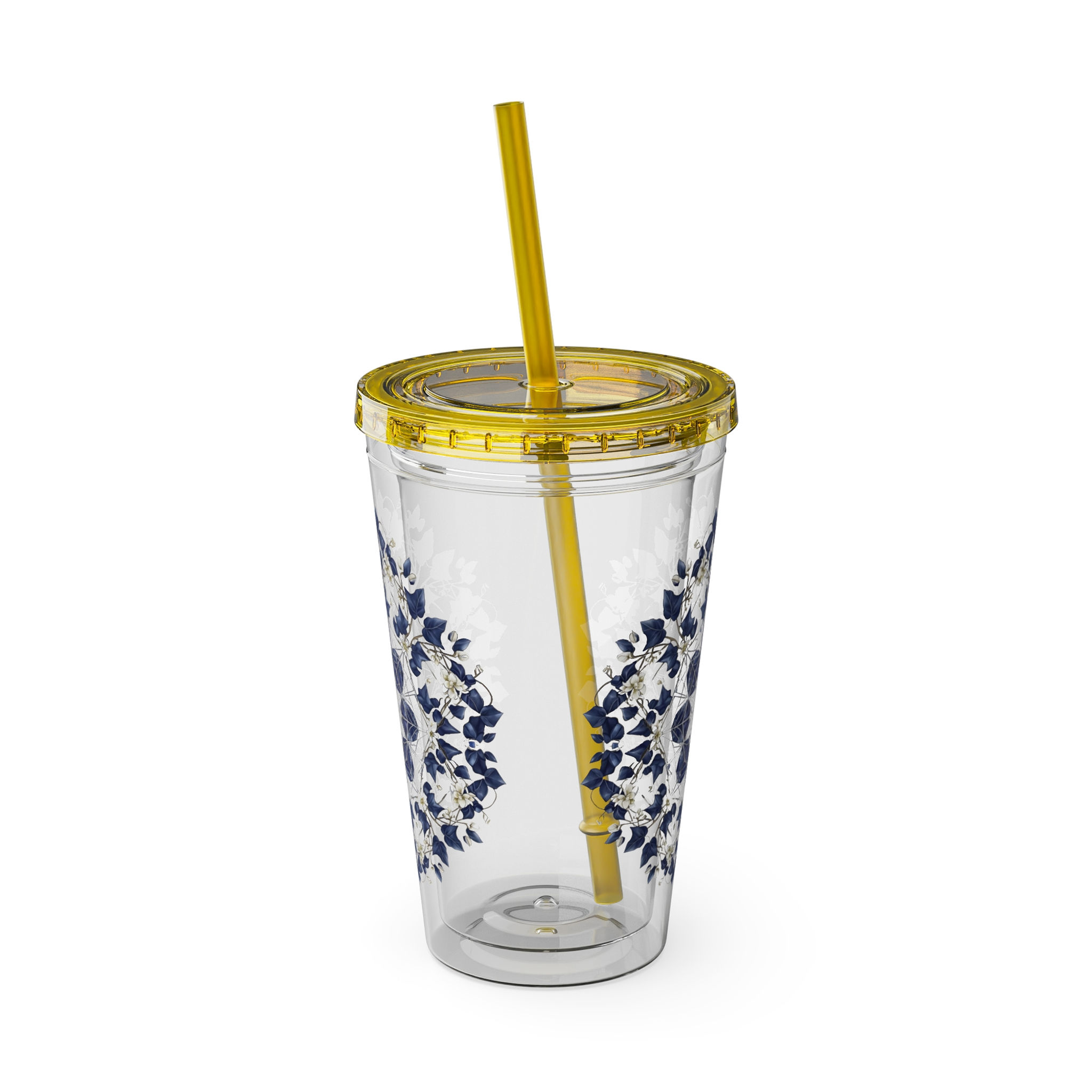 16oz Floral Mandala Tumbler with Straw — Navy Blue Sunsplash Design