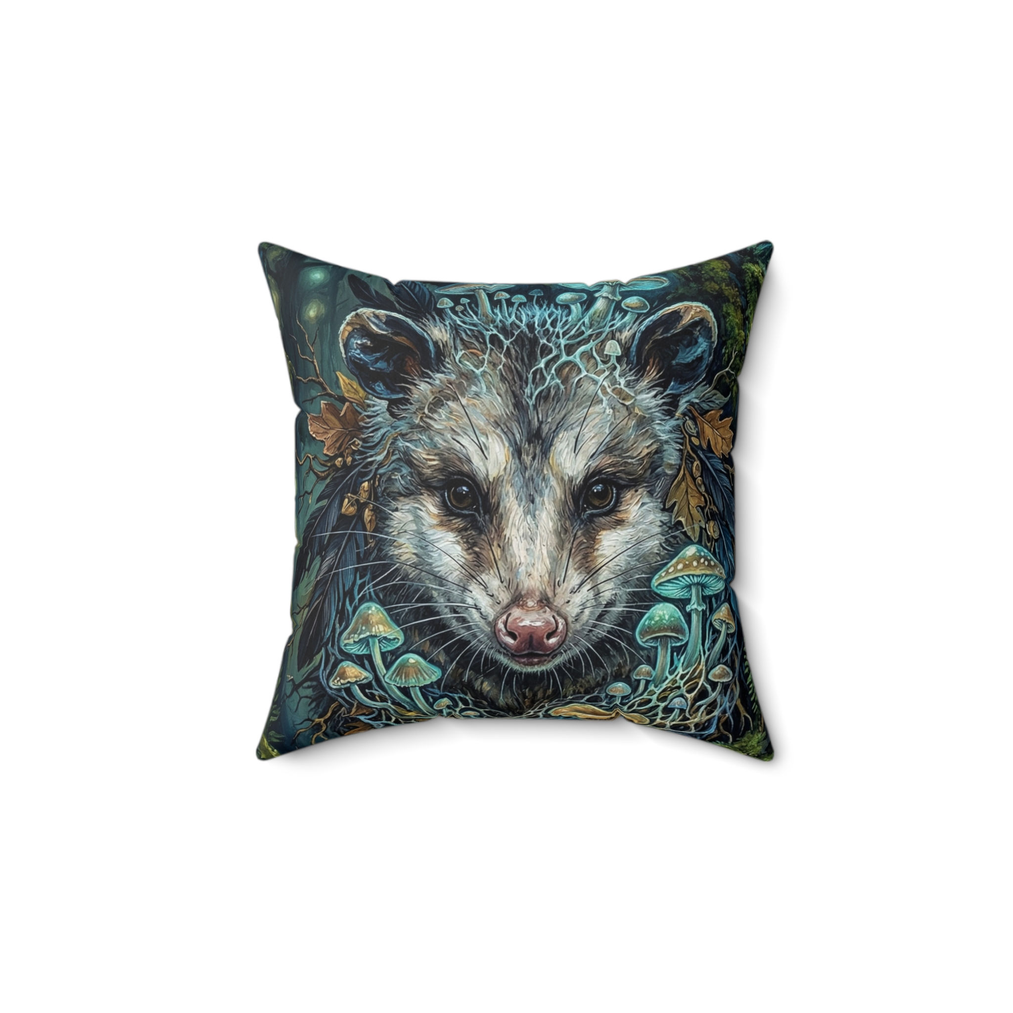 The Nocturnal Oracle-Opossum & Mushroom Decorative Throw Pillow