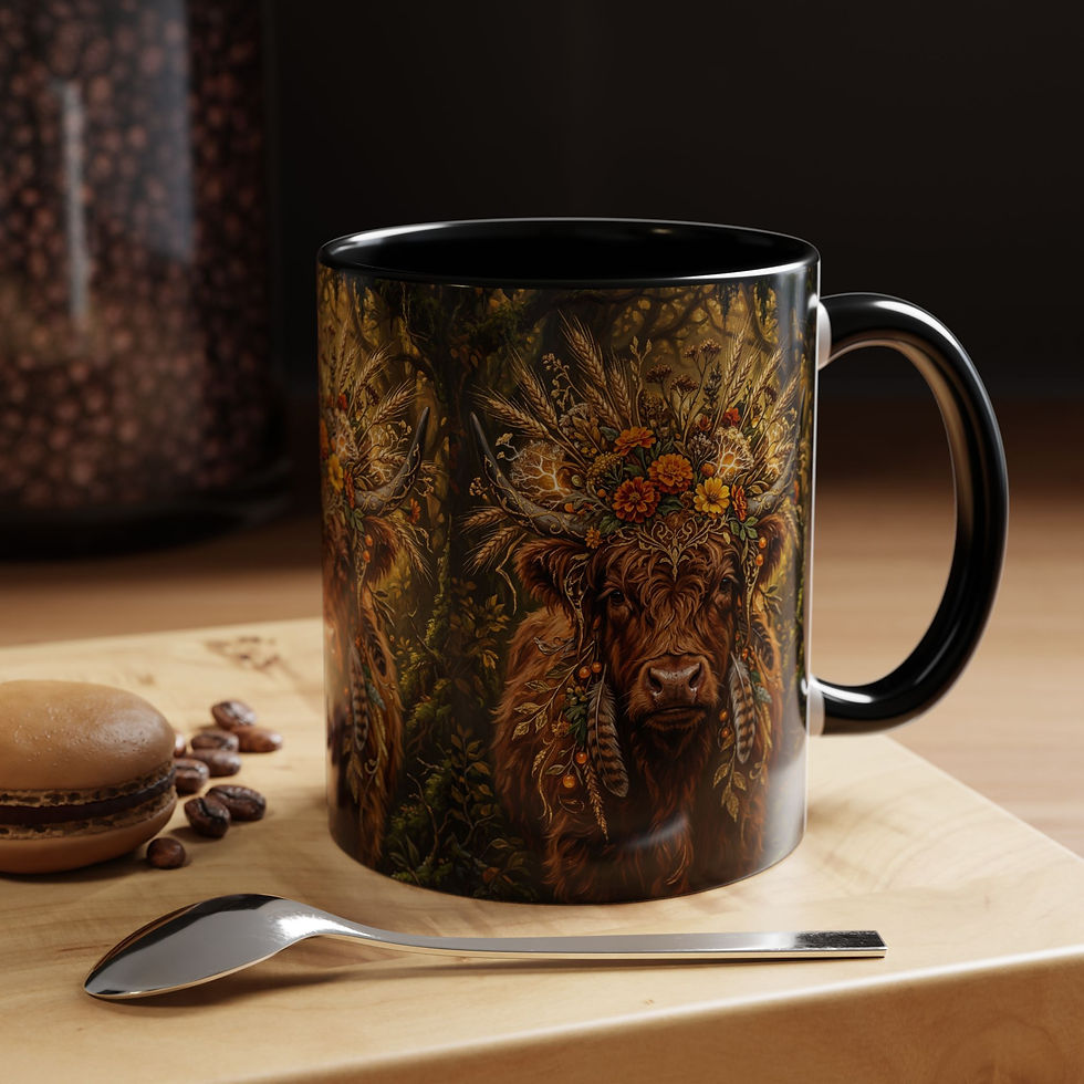 Thumbnail: Highland Cow Floral Accent Coffee Mug — Rustic Boho Cow Artwork (11/15oz)