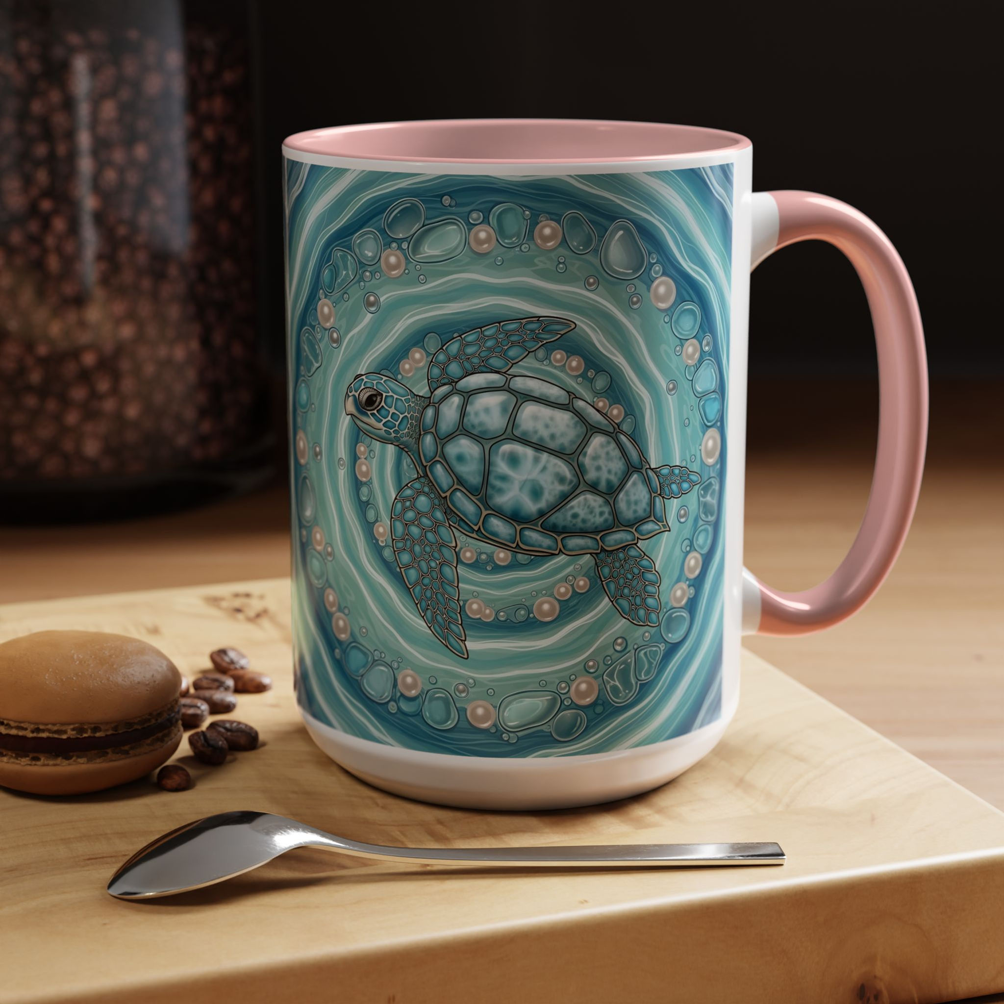 Sea Turtle Accent Coffee Mug — Ocean Waves, Pearl Bubble Art (11/15oz)