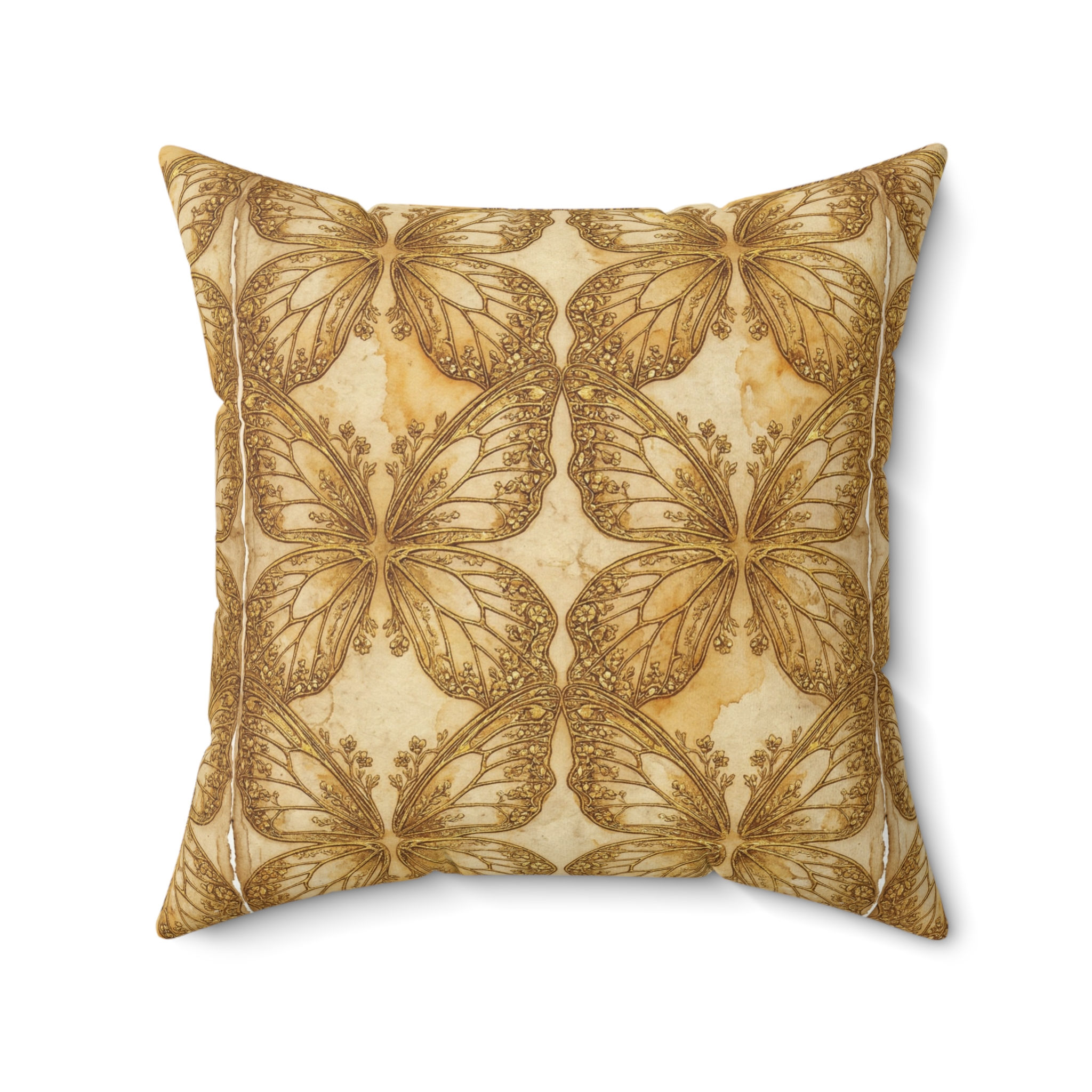 Butterfly Tile Decorative Pillow — Vintage Gold Floral Throw Cushion