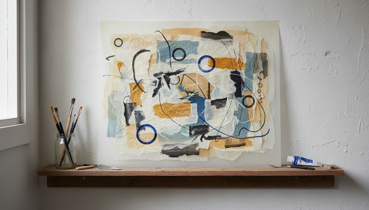 Wide-angle view of a finished mixed media collage with transparent layers, stamped marks, and textured paper.
